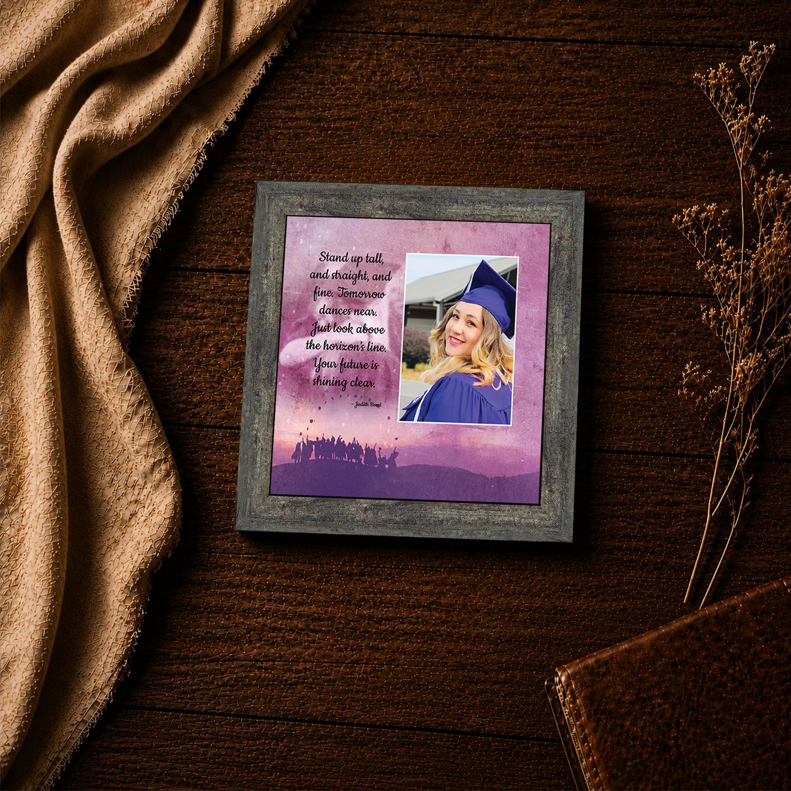 Stand Tall Graduate poem close-up - silhouettes and violet sunset framed print