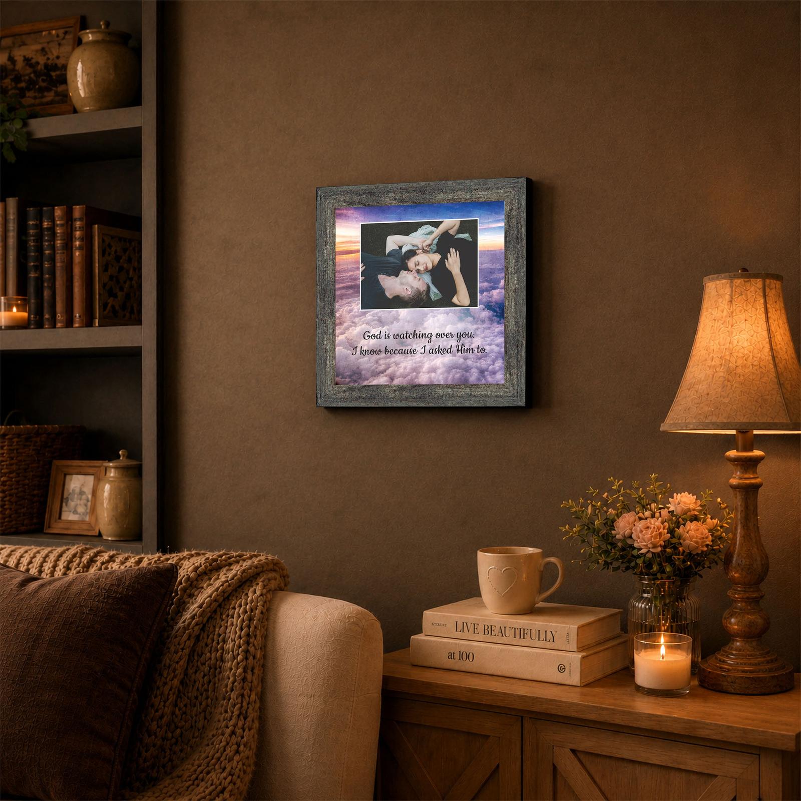 God Is Watching Over You framed wall art displayed in a living room
