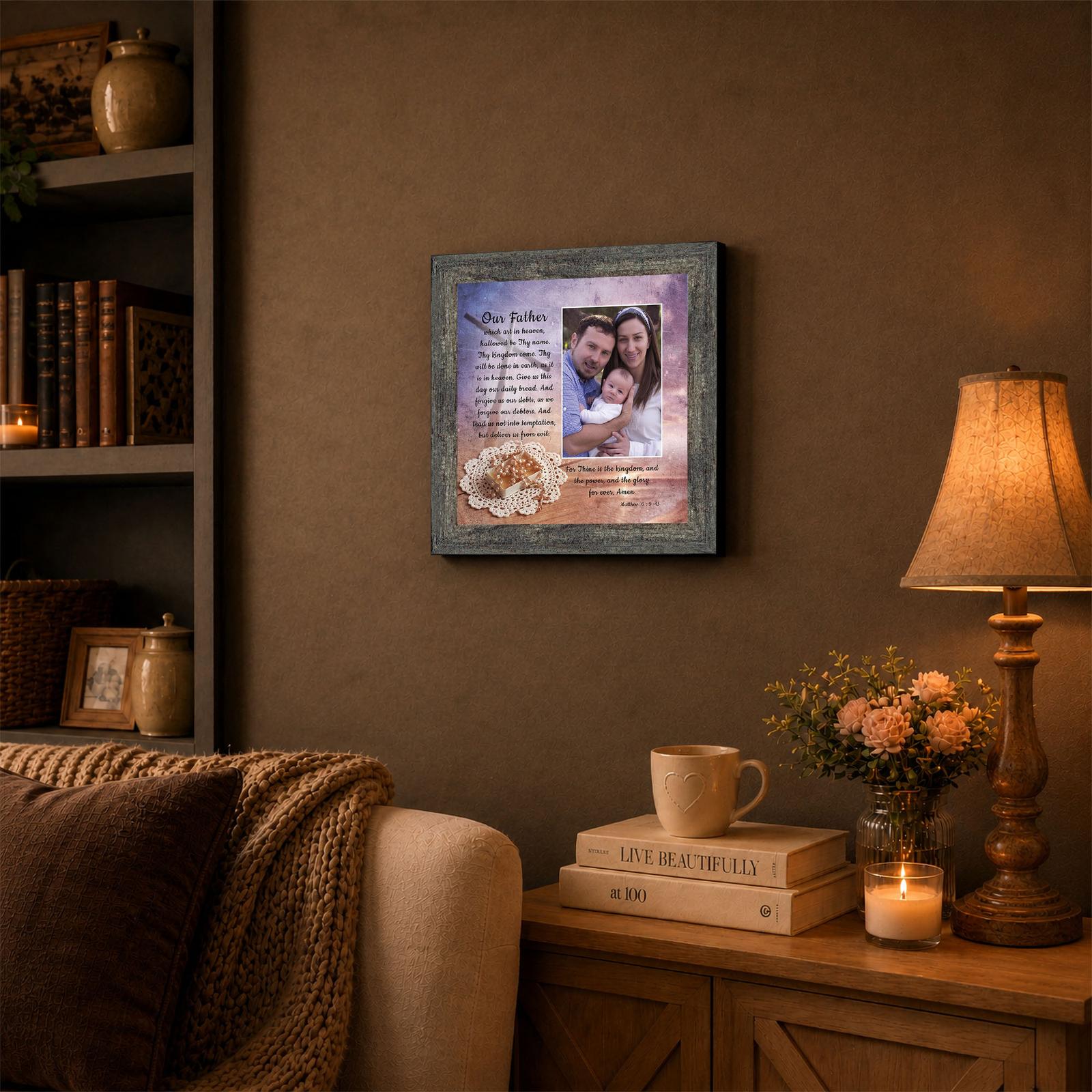 Lord's Prayer framed wall art displayed in a living room