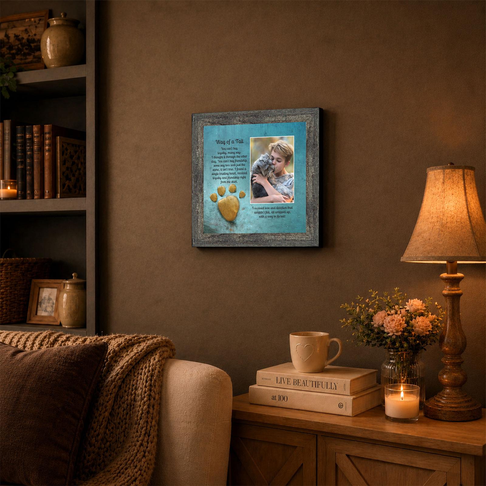 Wag of a Tail framed wall art displayed in a kitchen nook