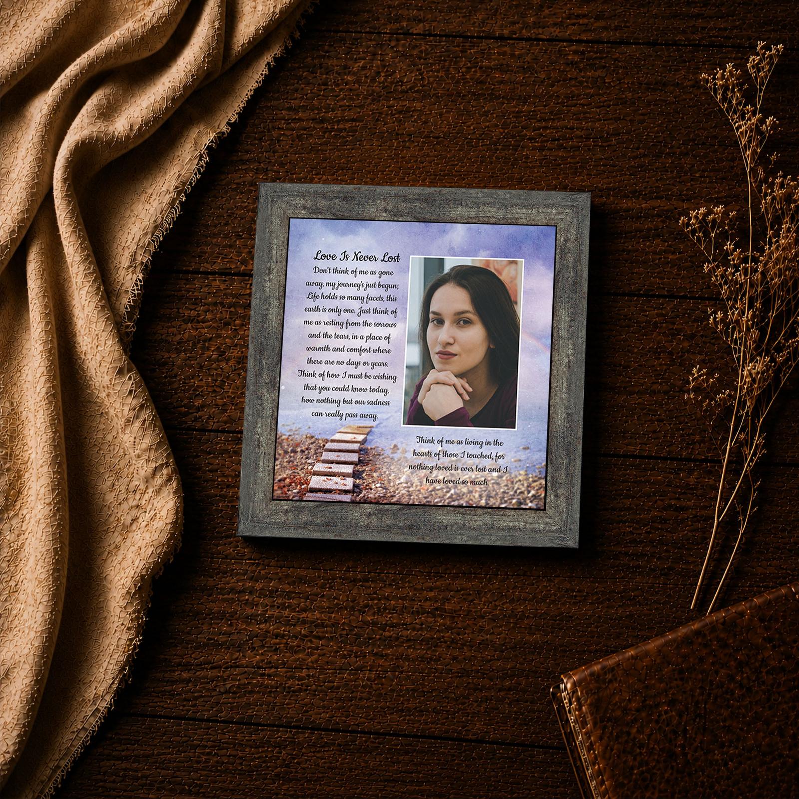 Love Is Never Lost poem close-up - stepping stones and rainbow framed print