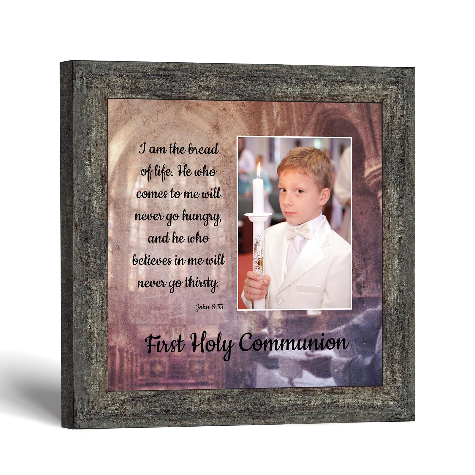 First Communion picture frame with photo opening, John 6:35 by Crossroads Home Decor