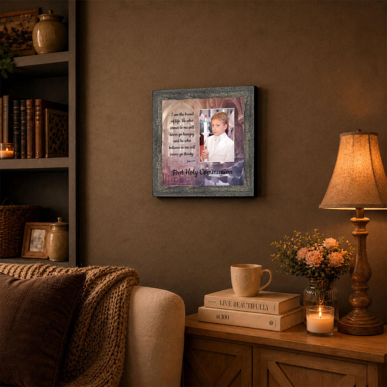 First Communion picture frame displayed on a shelf or entry table