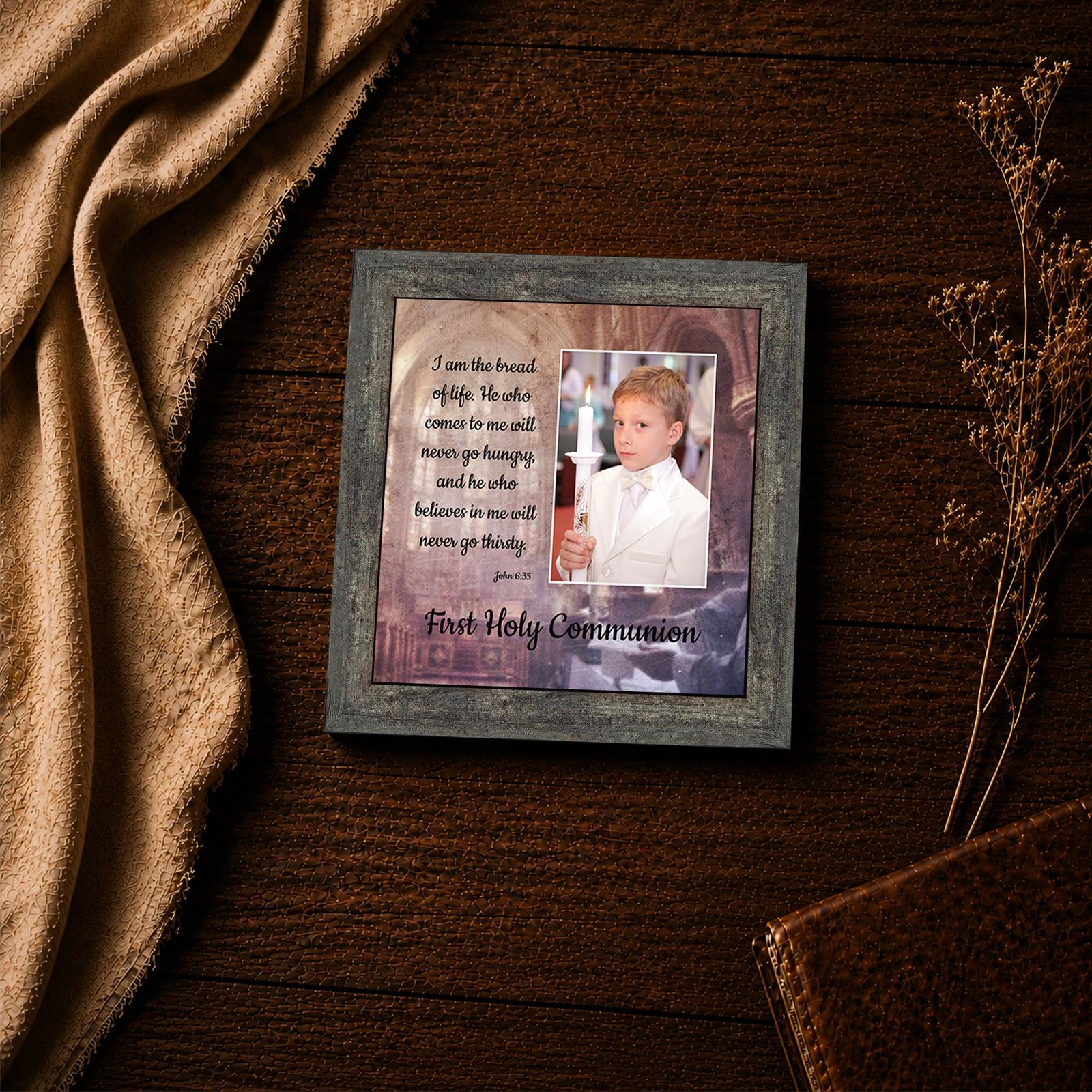 Close-up of the John 6:35 verse on the First Communion picture frame