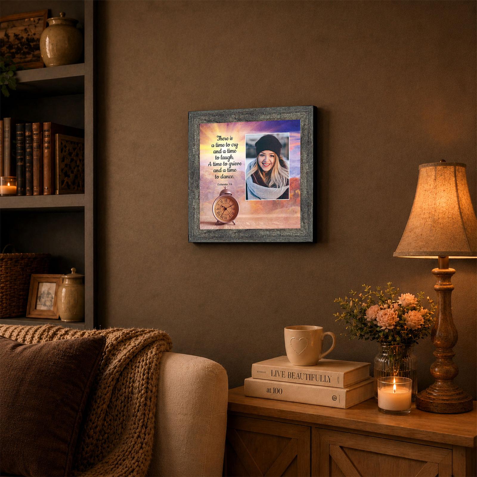 Ecclesiastes 3:4 framed wall art displayed in a living room