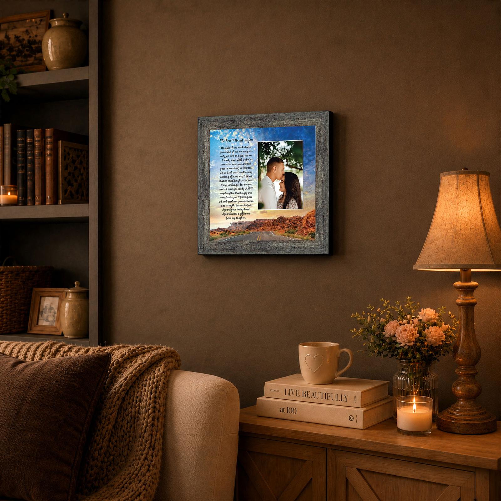 Son-in-law keepsake frame displayed on a living room shelf