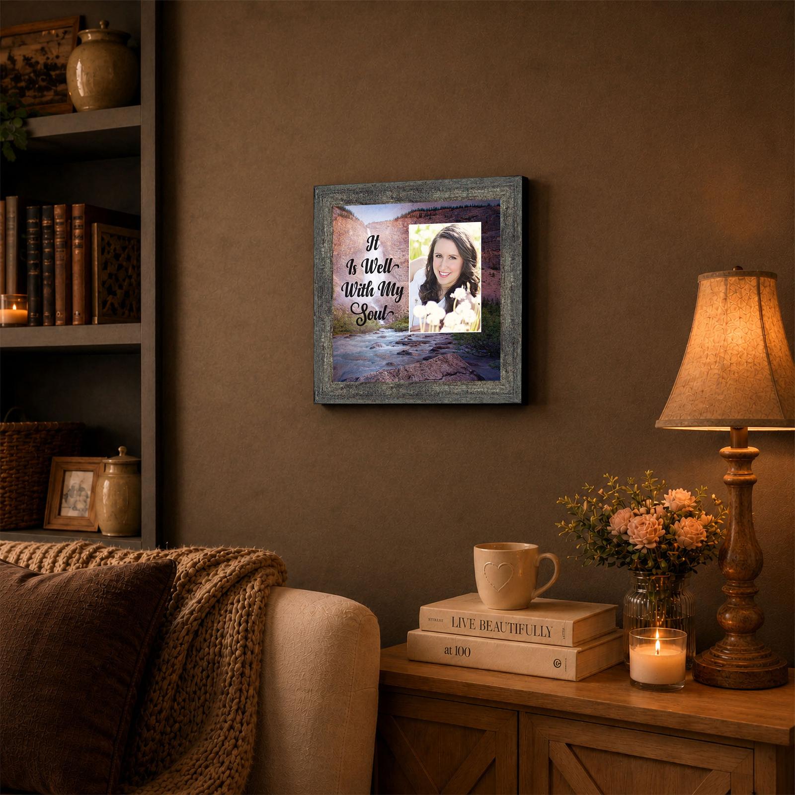 It Is Well With My Soul framed wall art displayed on a living room shelf