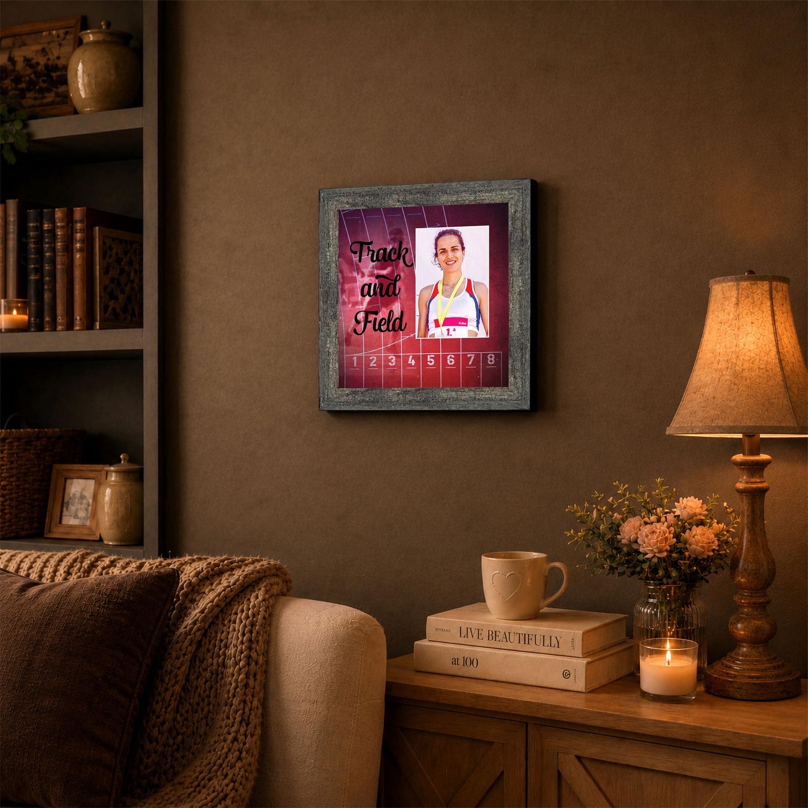 Track and Field keepsake frame displayed on a bedroom shelf