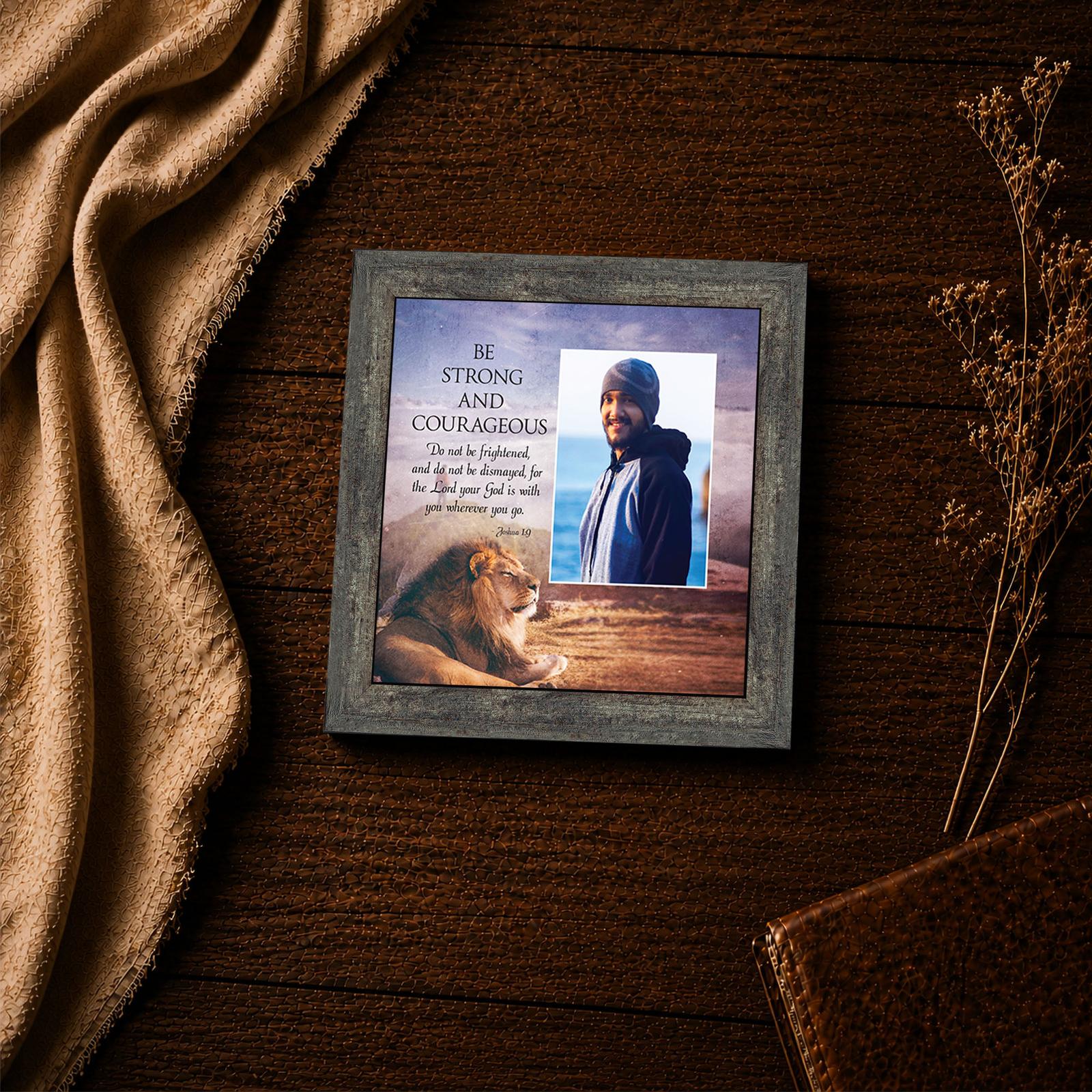 Be Strong and Courageous framed print - Joshua 1:9 lion inspirational wall art close-up
