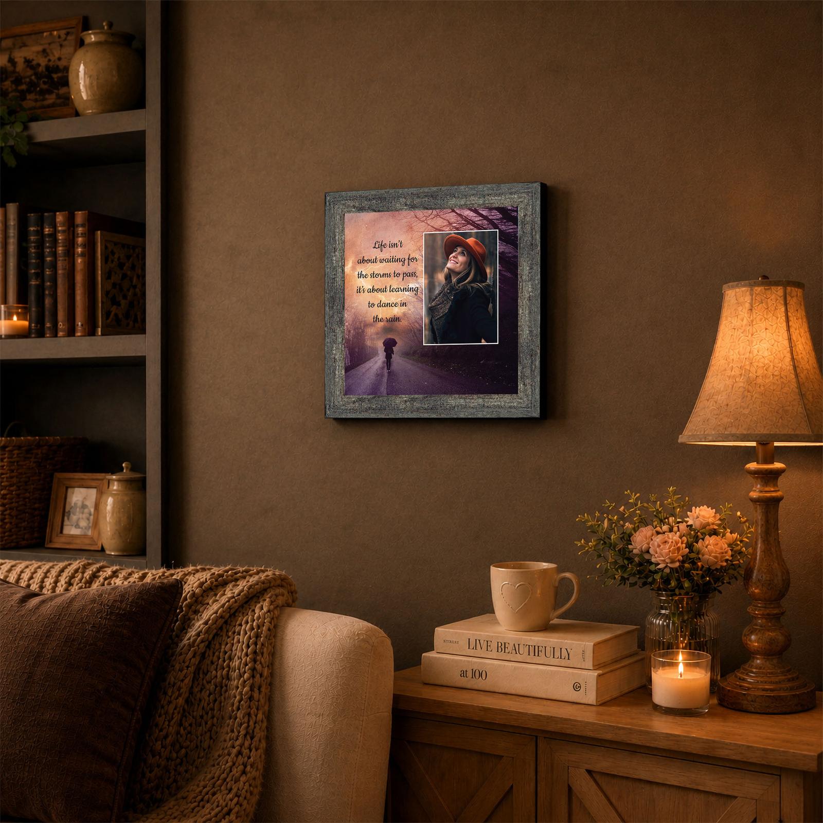 Life Isn't About Waiting for the Storm to Pass framed wall art displayed on a desk
