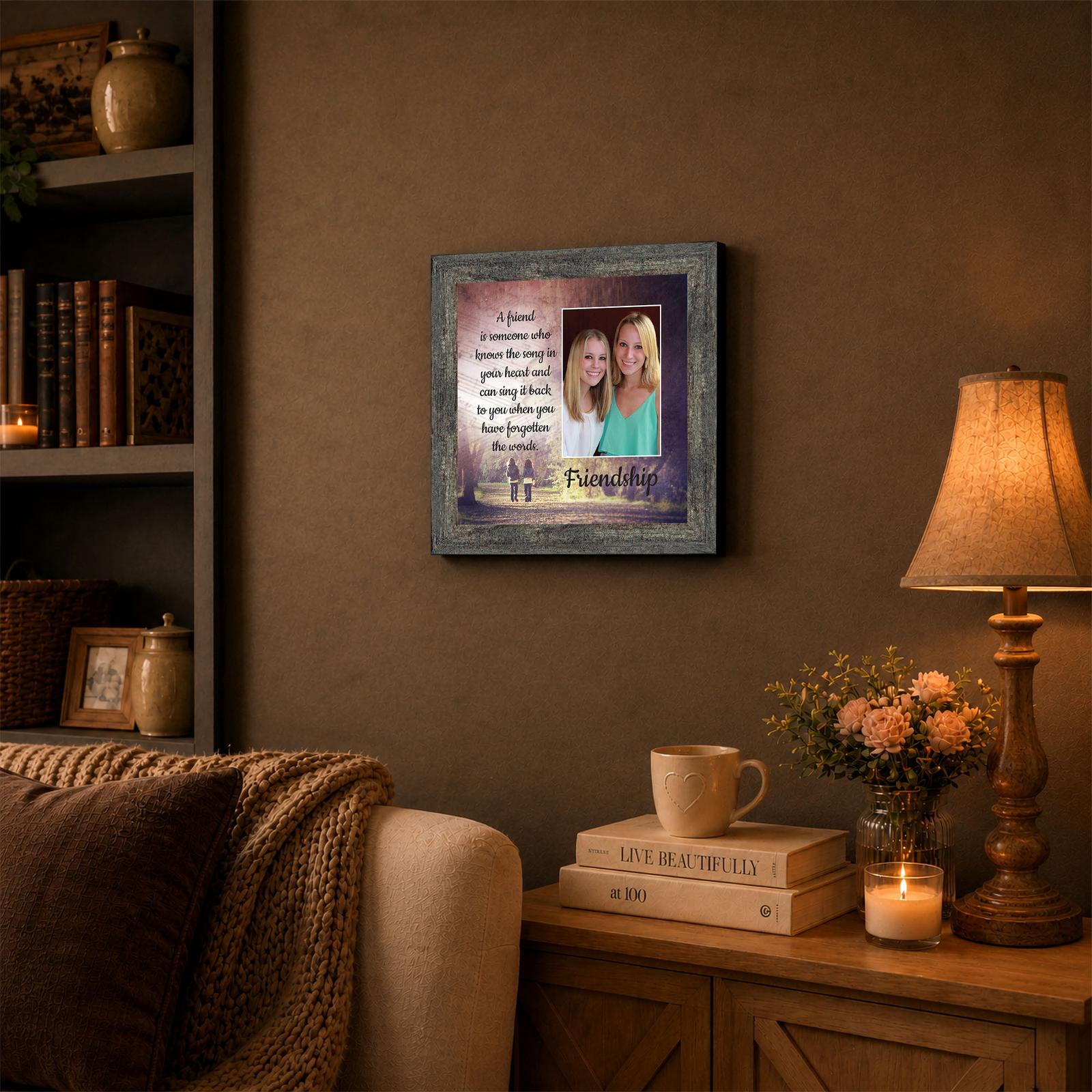 Friendship framed wall art displayed on a shelf