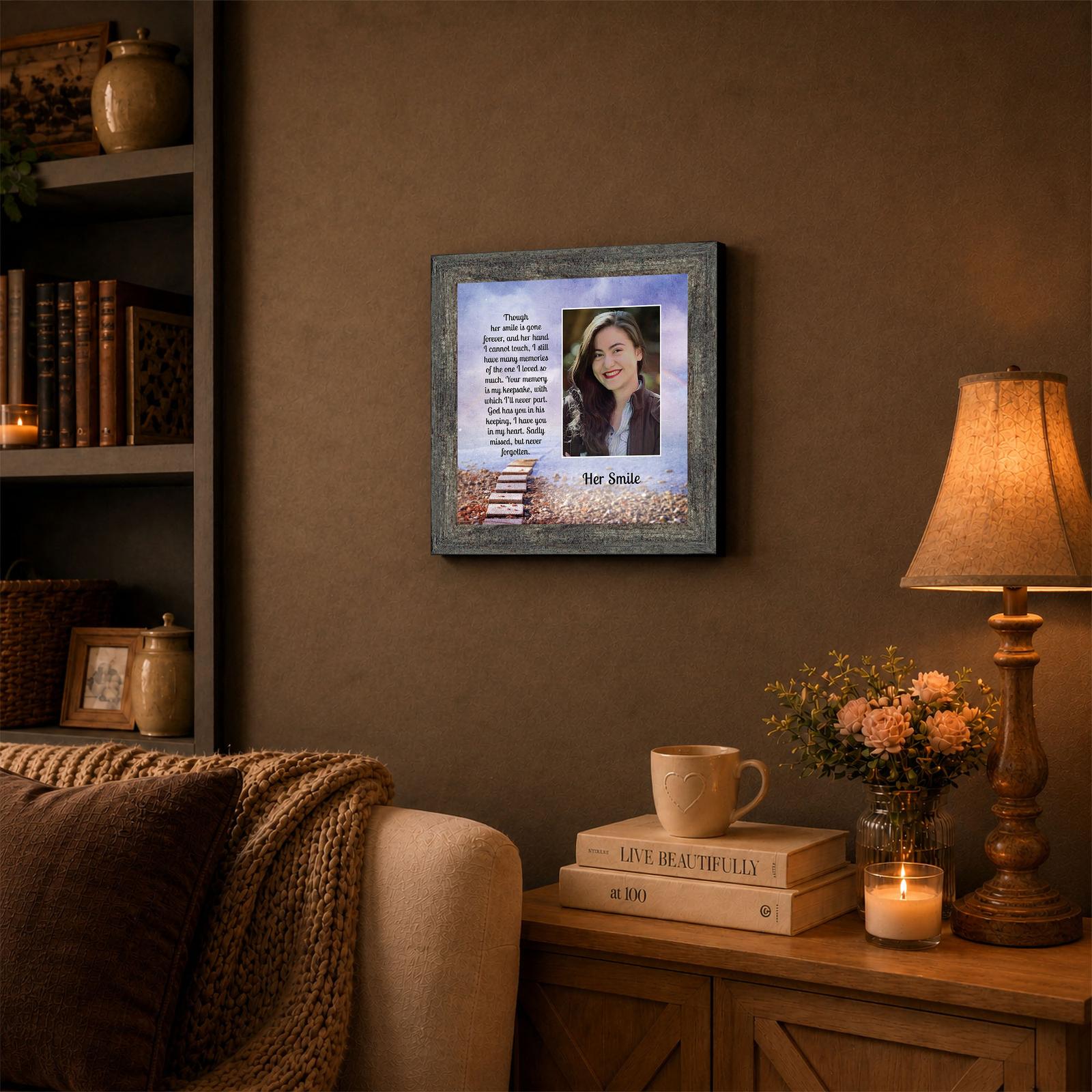 Her Smile framed wall art displayed on a bedroom shelf