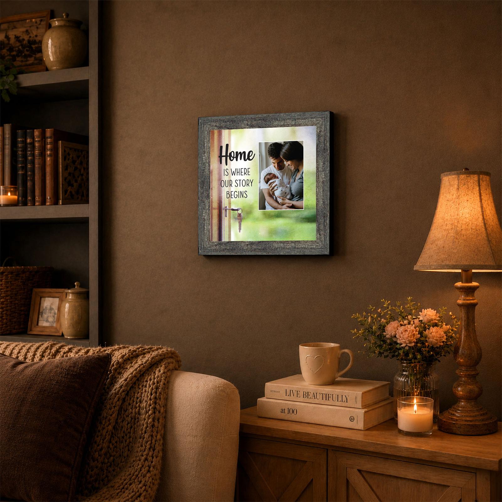 Home Is Where Our Story Begins framed wall art displayed in an entryway