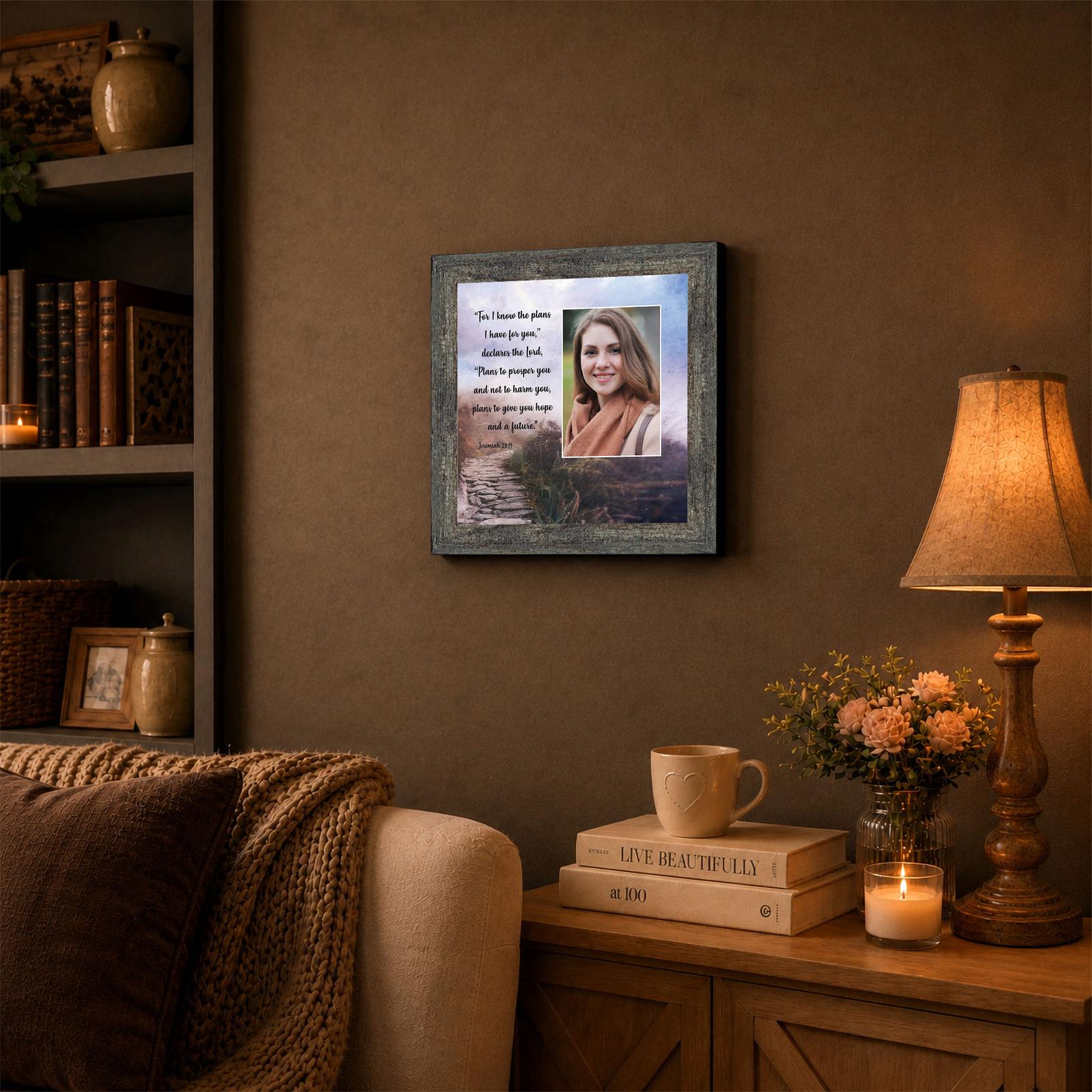 Jeremiah 29:11 framed wall art displayed in an entryway