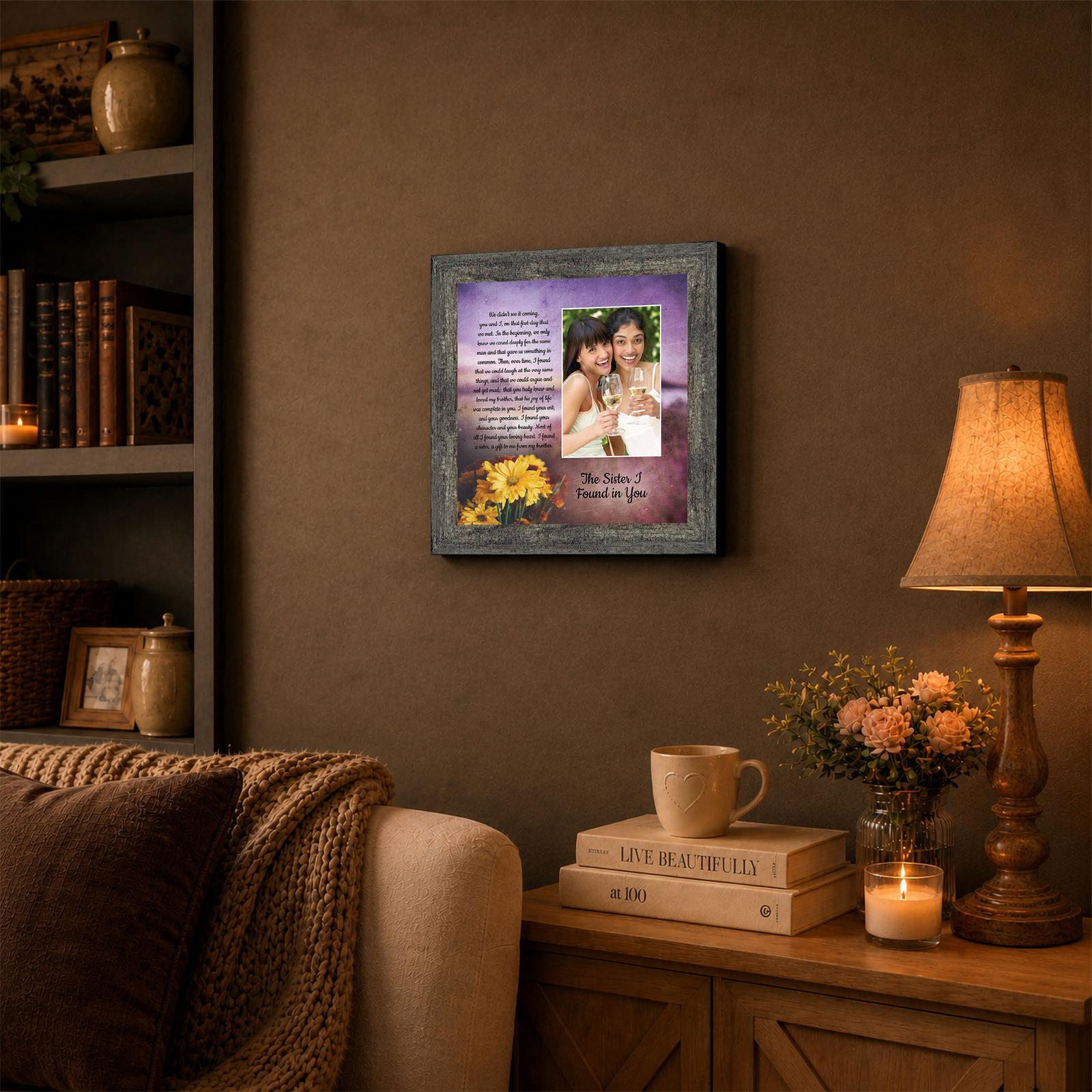 6445BW-3 The Sister I Found in You framed wall art displayed on an entryway shelf