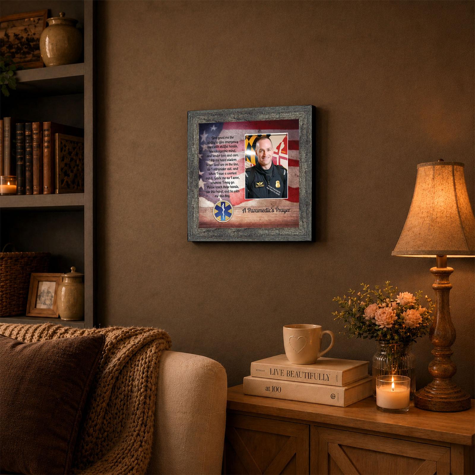A Paramedic's Prayer framed wall art displayed in a home office