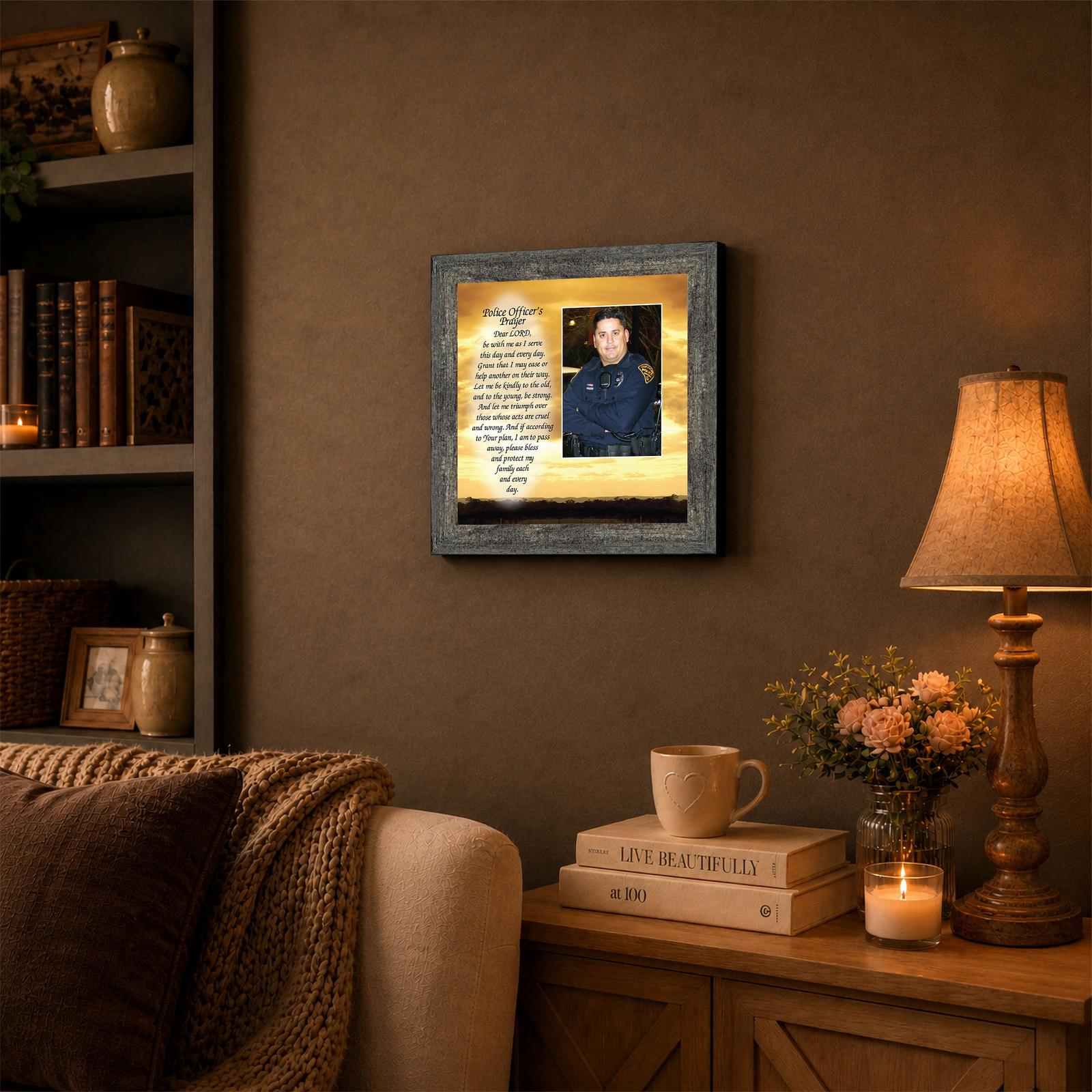 Police Officer's Prayer framed wall art in a den
