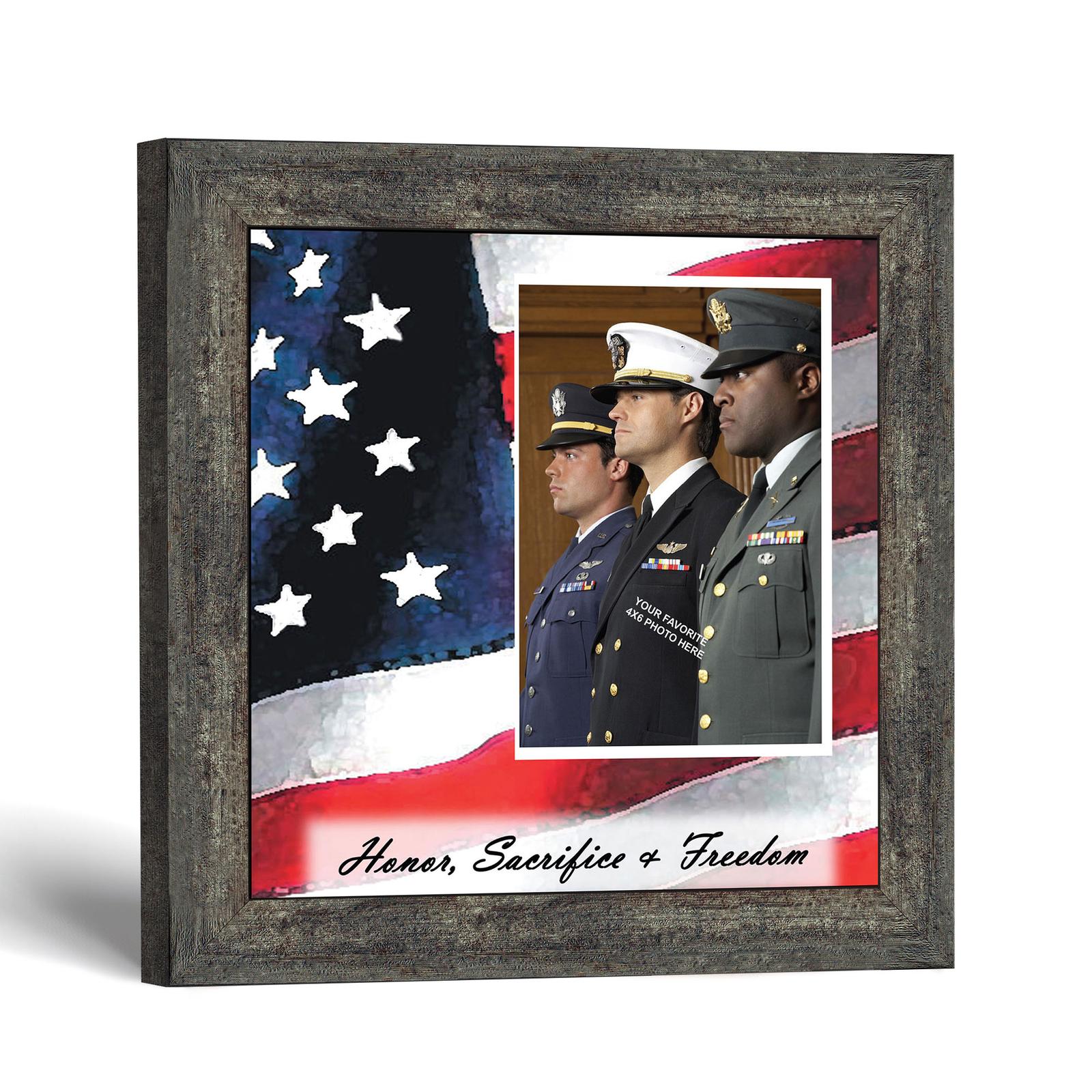 Honor Sacrifice Freedom picture frame with photo opening, American flag art by Crossroads Home Decor