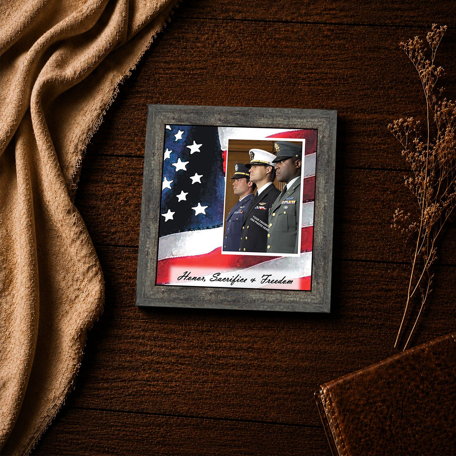 Close-up of the Honor, Sacrifice & Freedom script on the watercolor flag