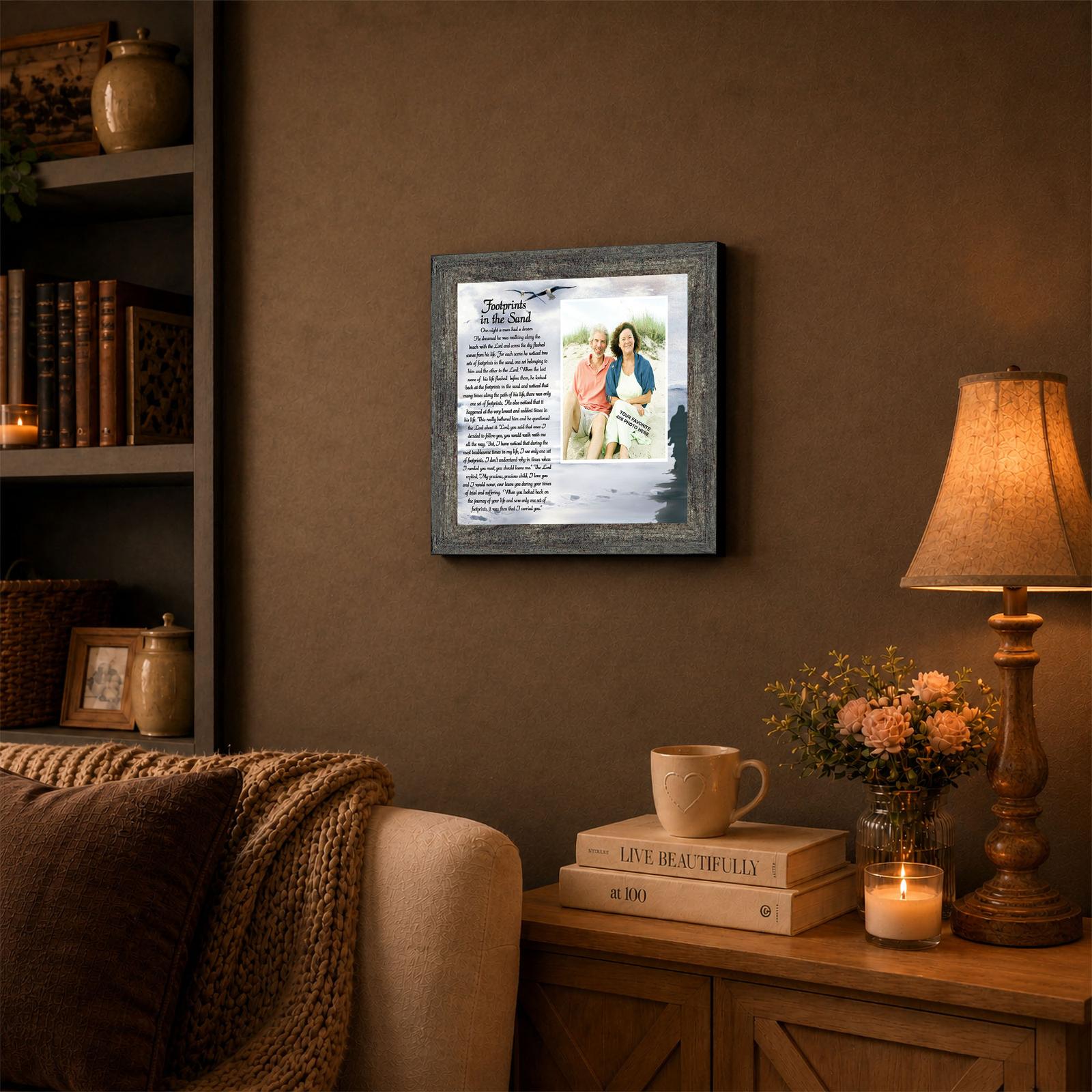 6703BW-3 Footprints in the Sand framed wall art displayed in a quiet reading nook