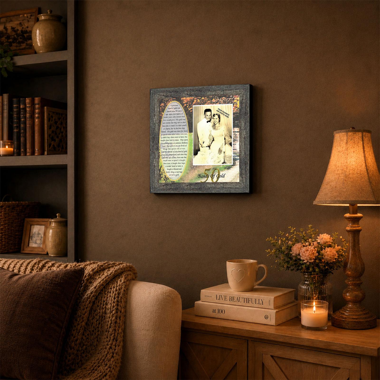 Golden Anniversary Bands of Gold framed wall art displayed in a living room