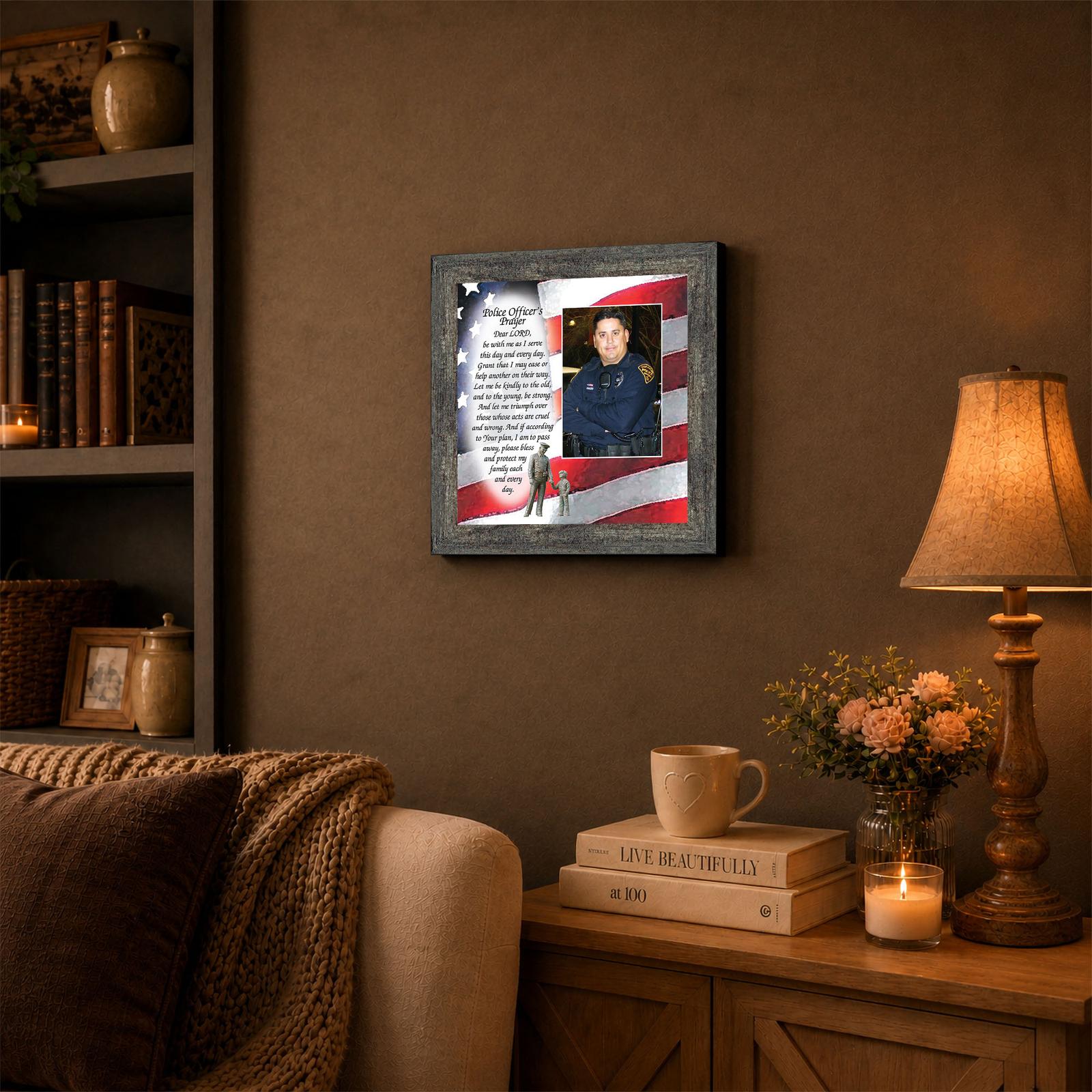 Police officer prayer framed wall art in a family living room