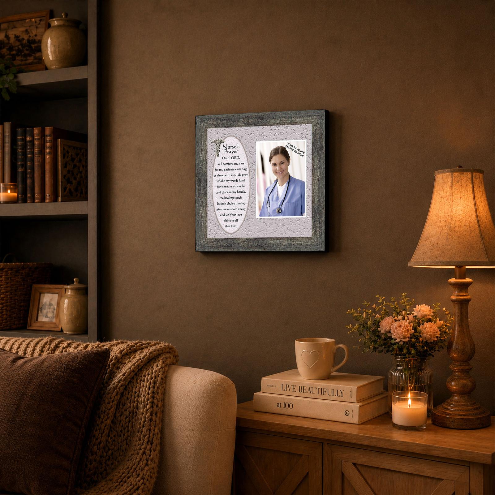 Nurse graduation picture frame displayed on a bedroom shelf