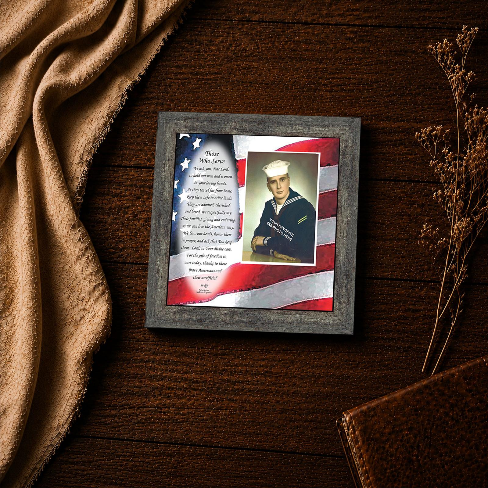 Close-up of the Those Who Serve prayer text on the rippling flag design
