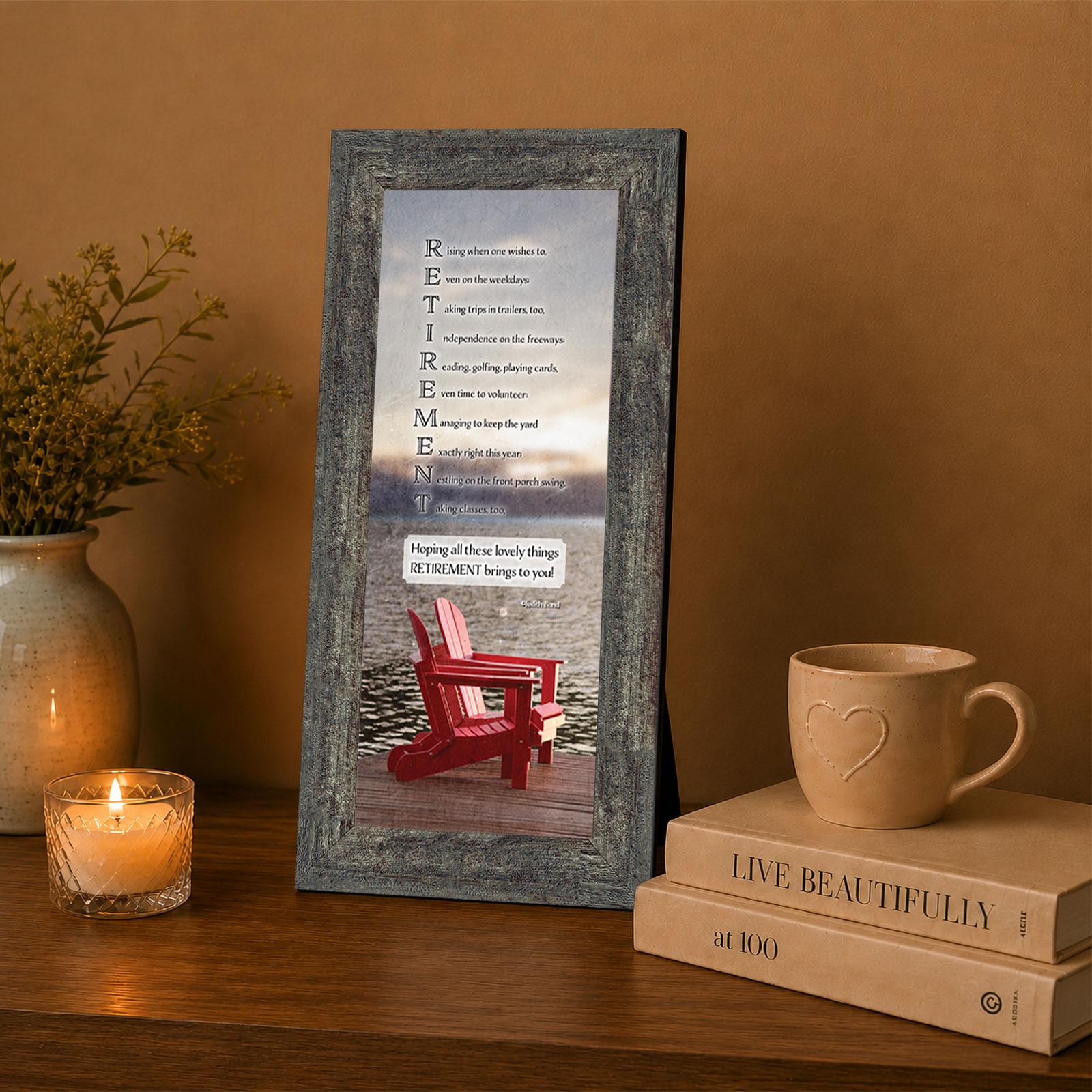 Retirement poem print displayed in a home office