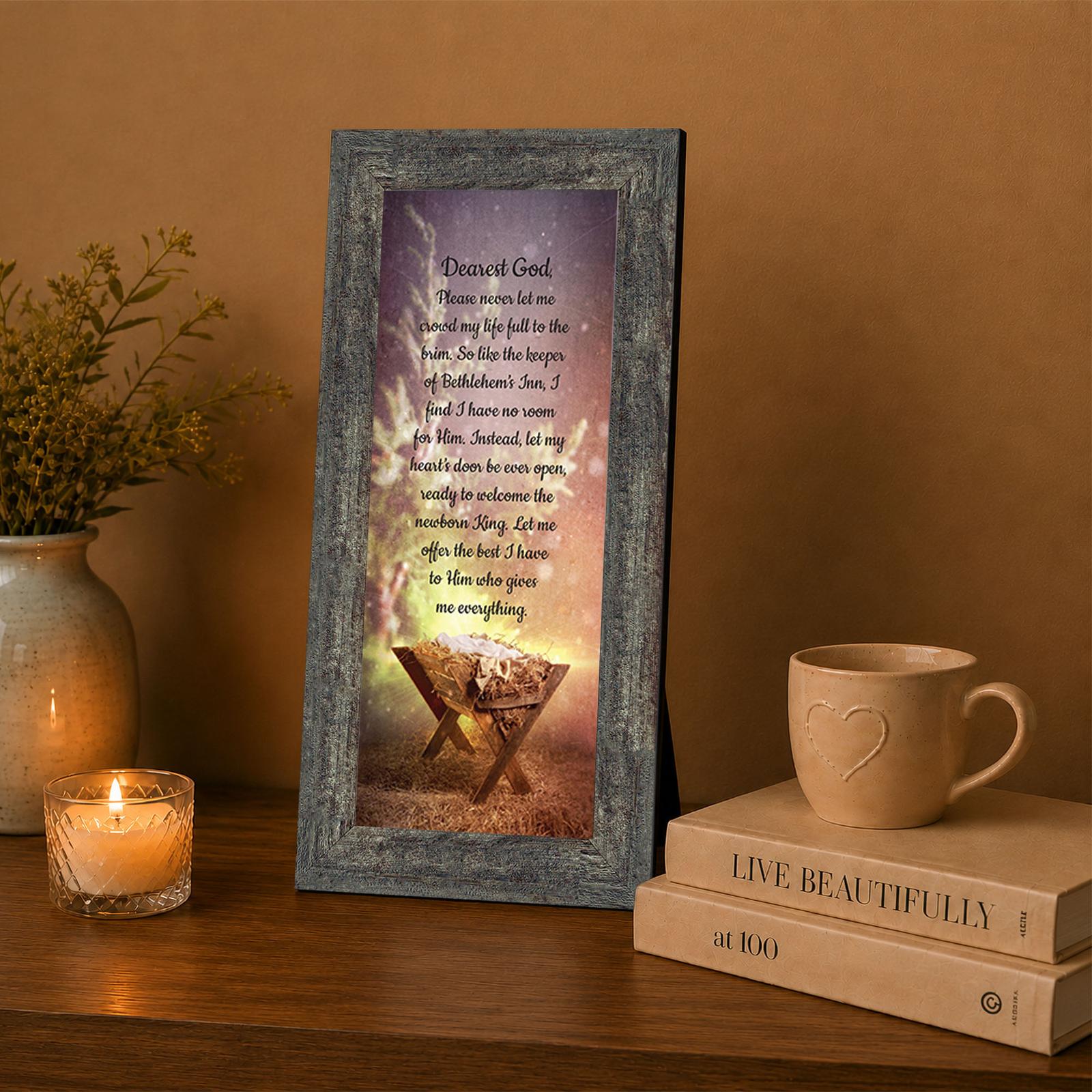 Innkeeper's Prayer framed print displayed on a mantel