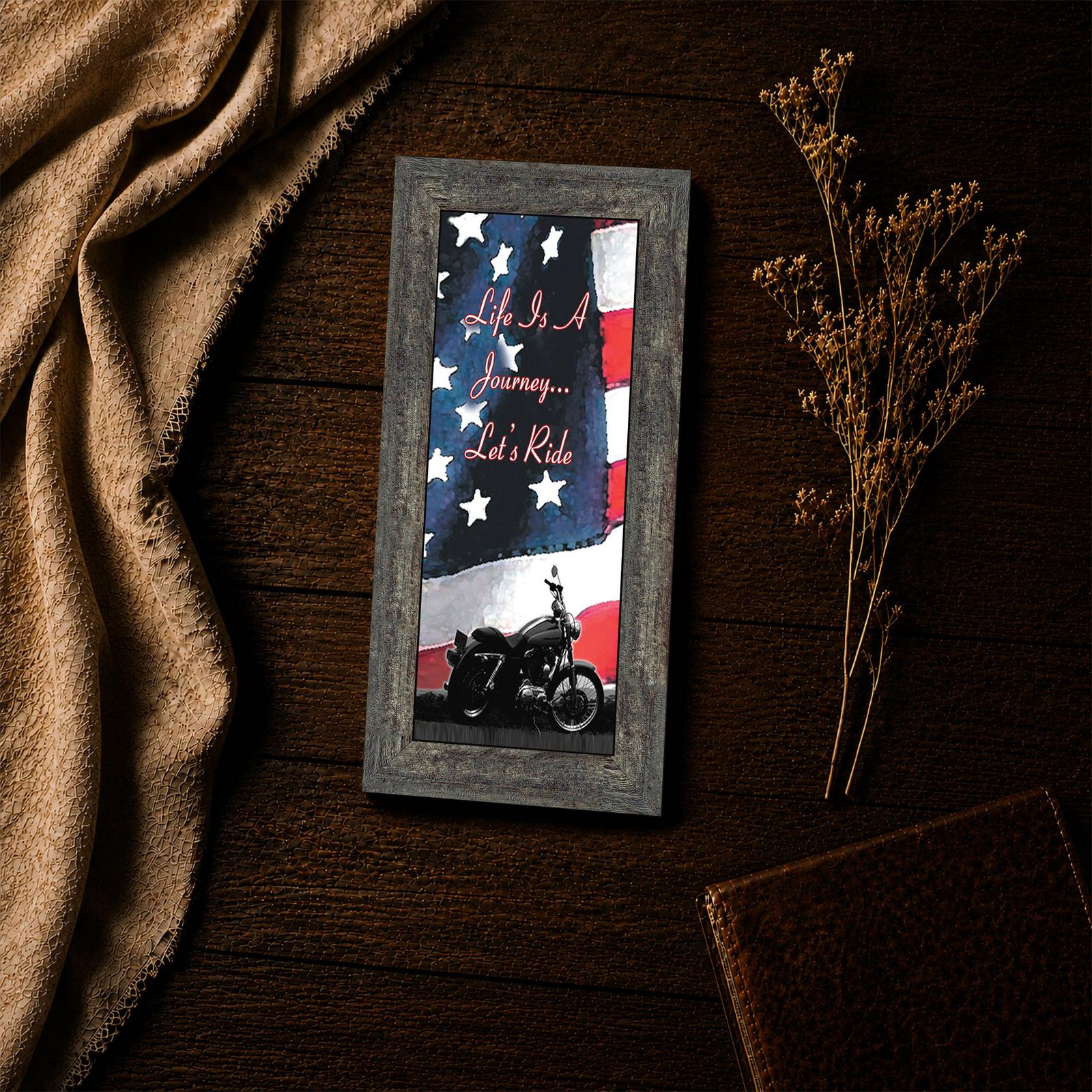 7851BW-4 Life Is a Journey, Let's Ride framed print - red script over a distressed flag closeup