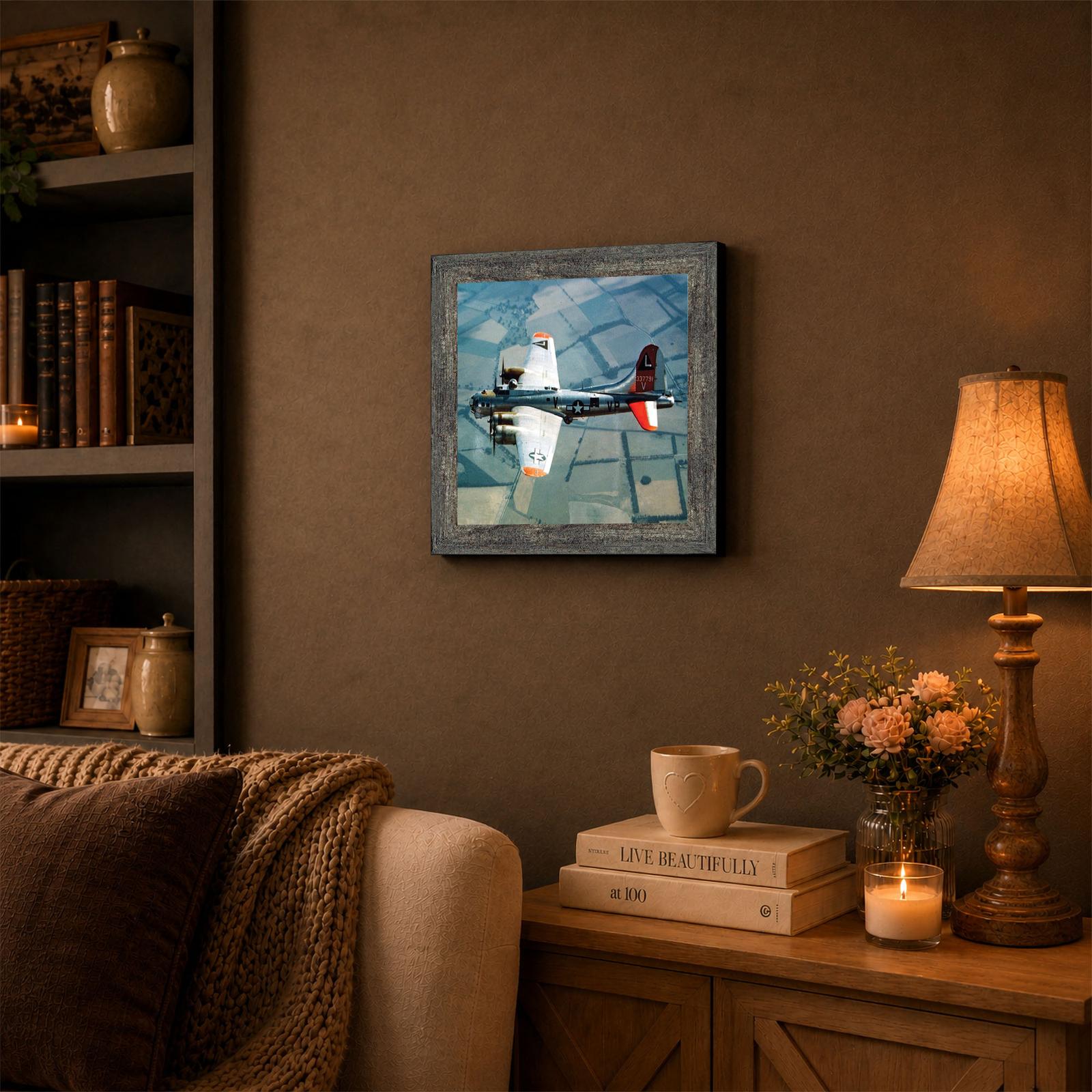 B-17 Flying Fortress framed wall art displayed in a den or office