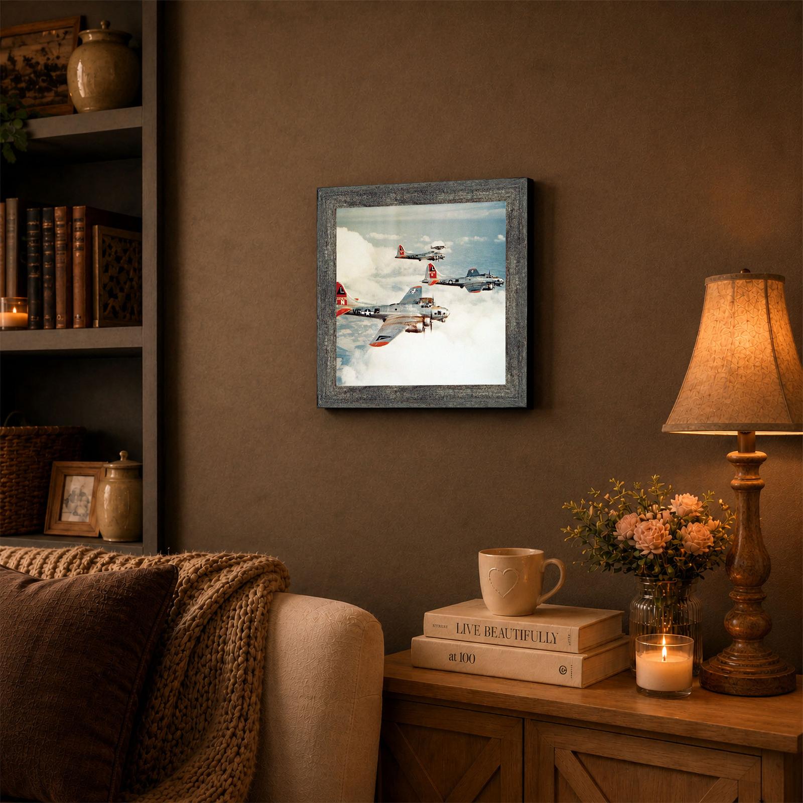B-17 Flying Fortress framed wall art displayed in a den or office