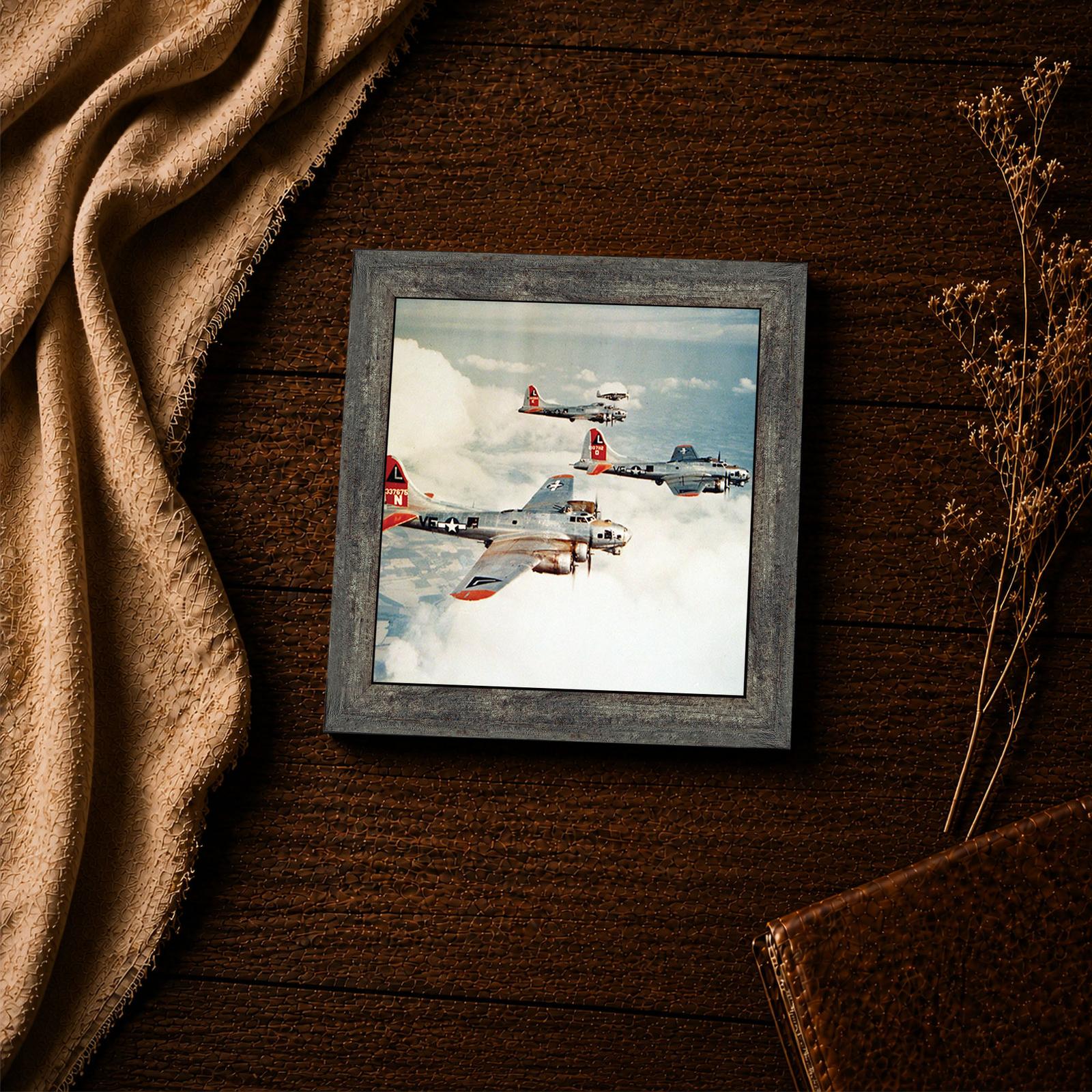 Three heavy bombers and a P-51 Mustang escort in wartime formation
