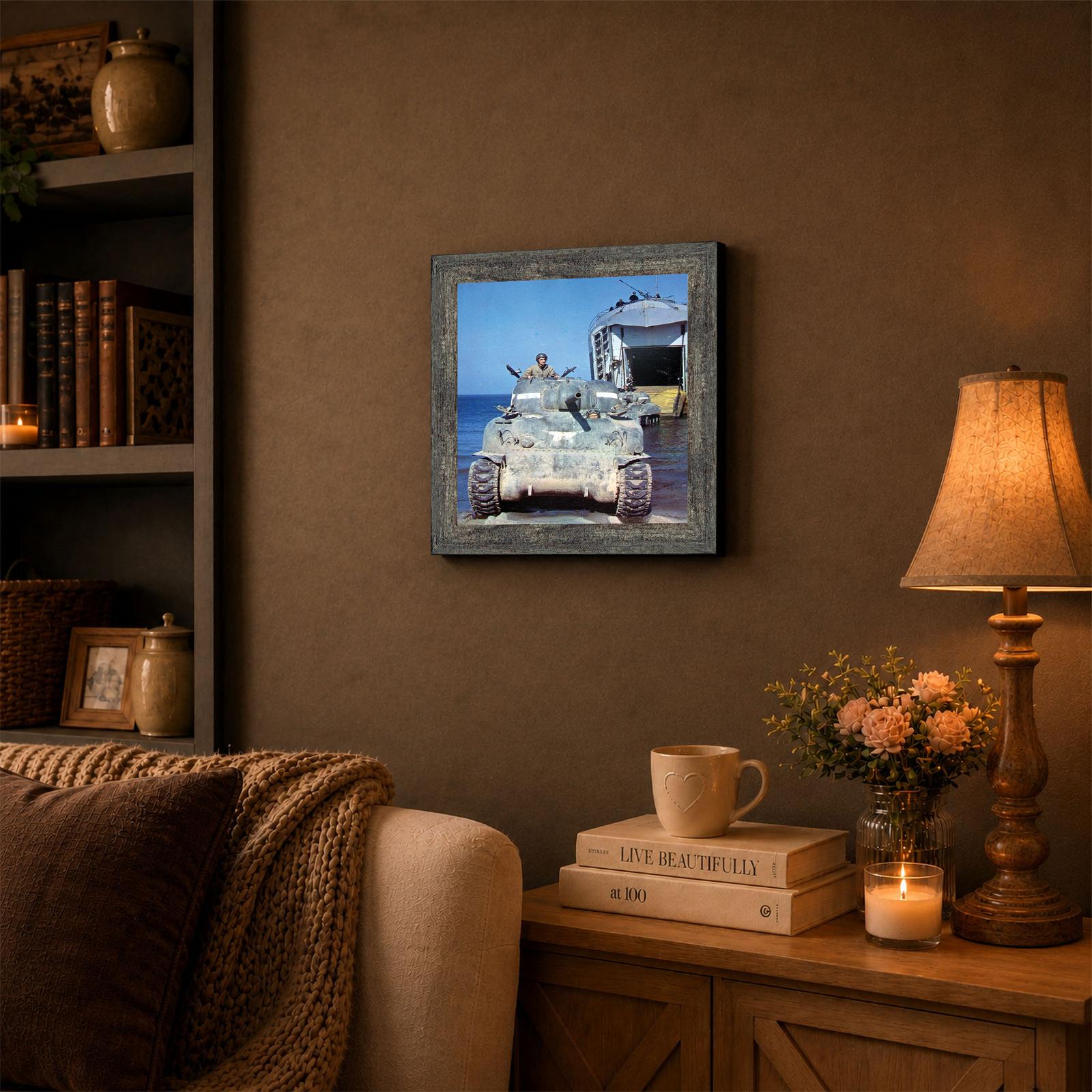 8520BW-3 Sherman tank framed wall art displayed in a den or office