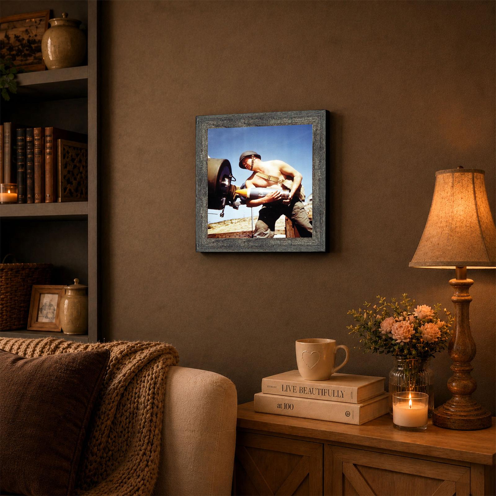 WWII artillery framed wall art displayed in a den or study