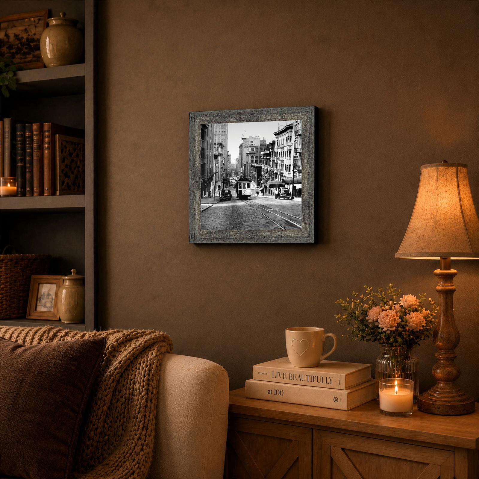 San Francisco cable car framed wall art displayed in an entryway