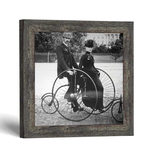 Vintage tricycle photo framed print - 1880s couple on a two-seat tricycle by Crossroads Home Decor