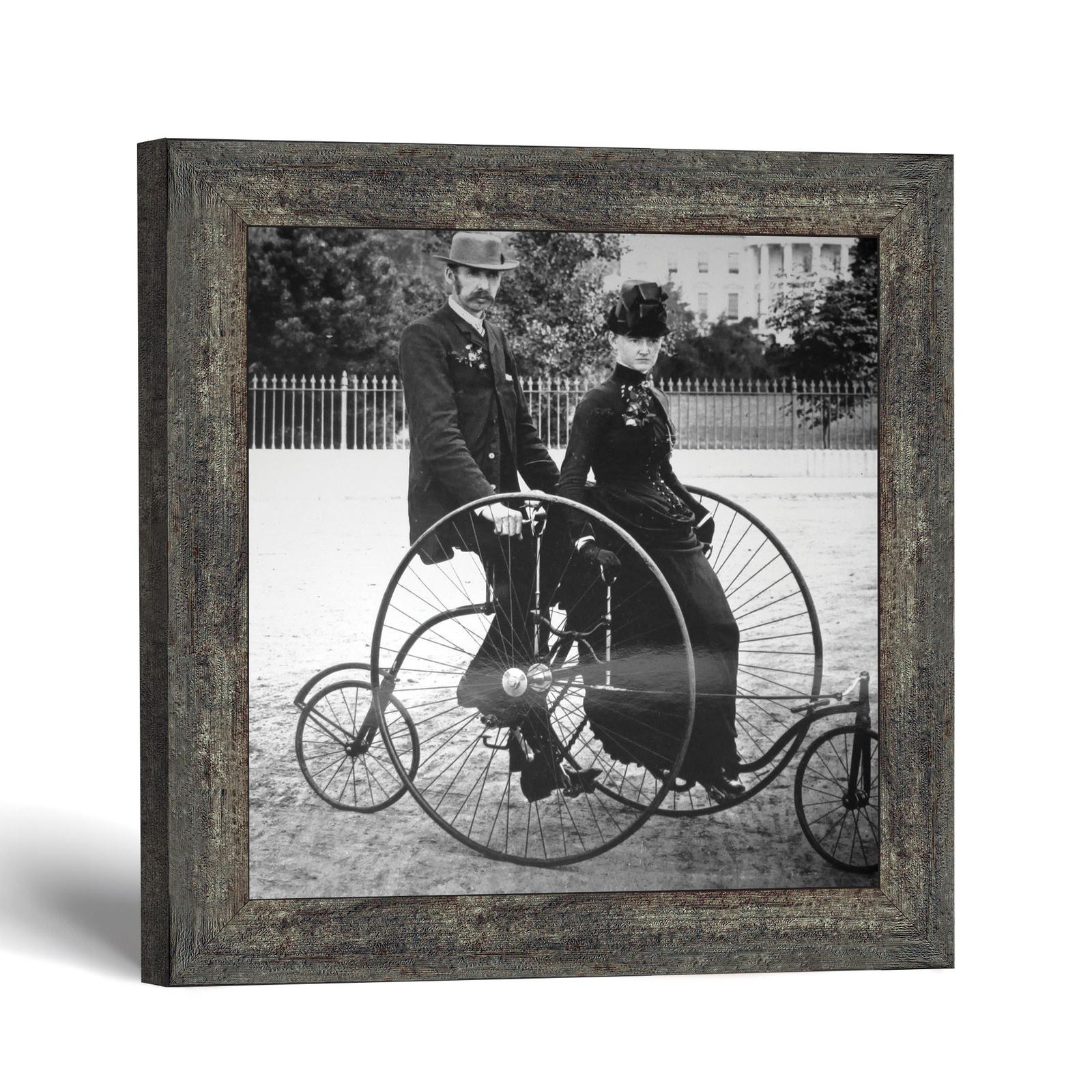 Vintage tricycle photo framed print - 1880s couple on a two-seat tricycle by Crossroads Home Decor