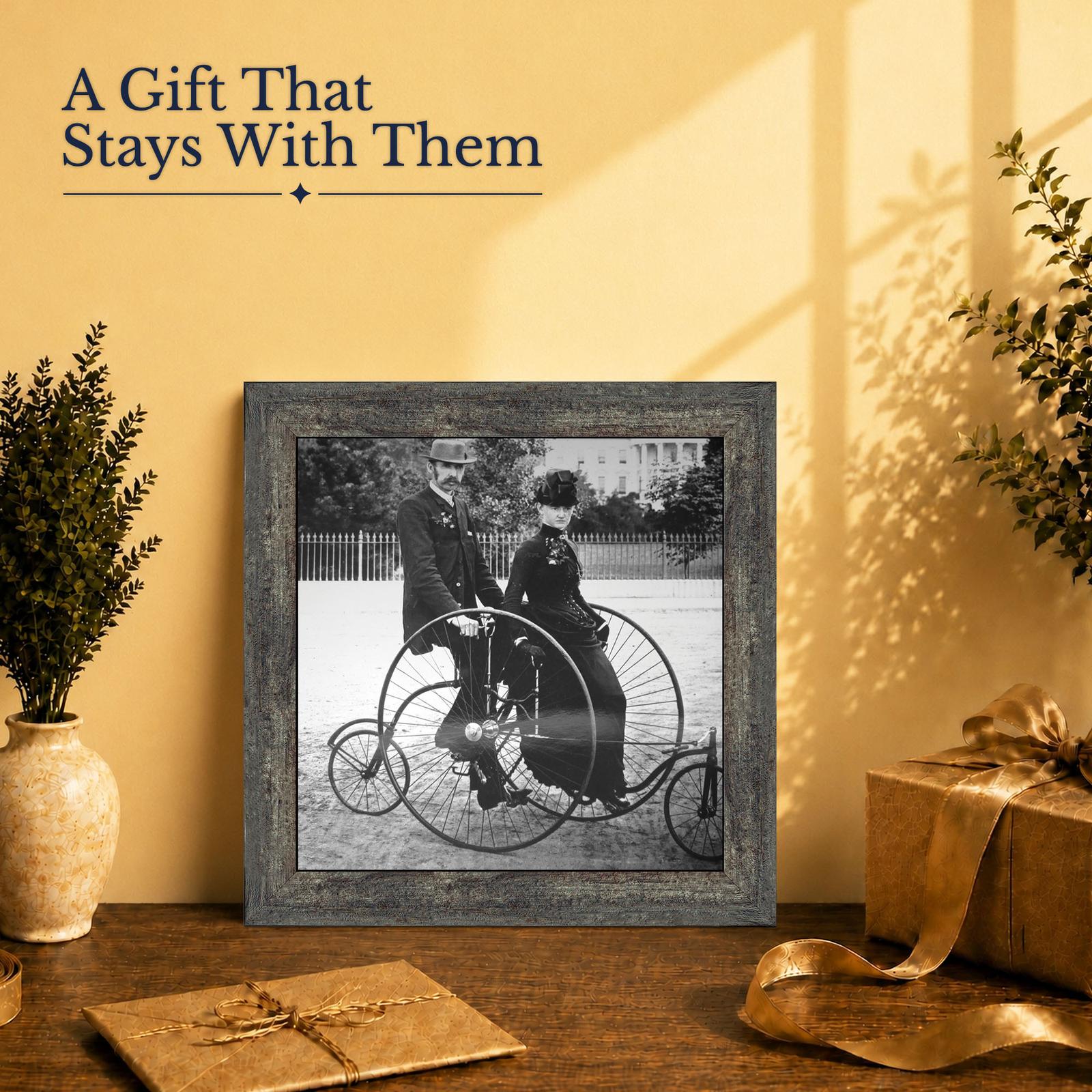 1880s couple on a two-seat tricycle - framed print gift for a cycling fan