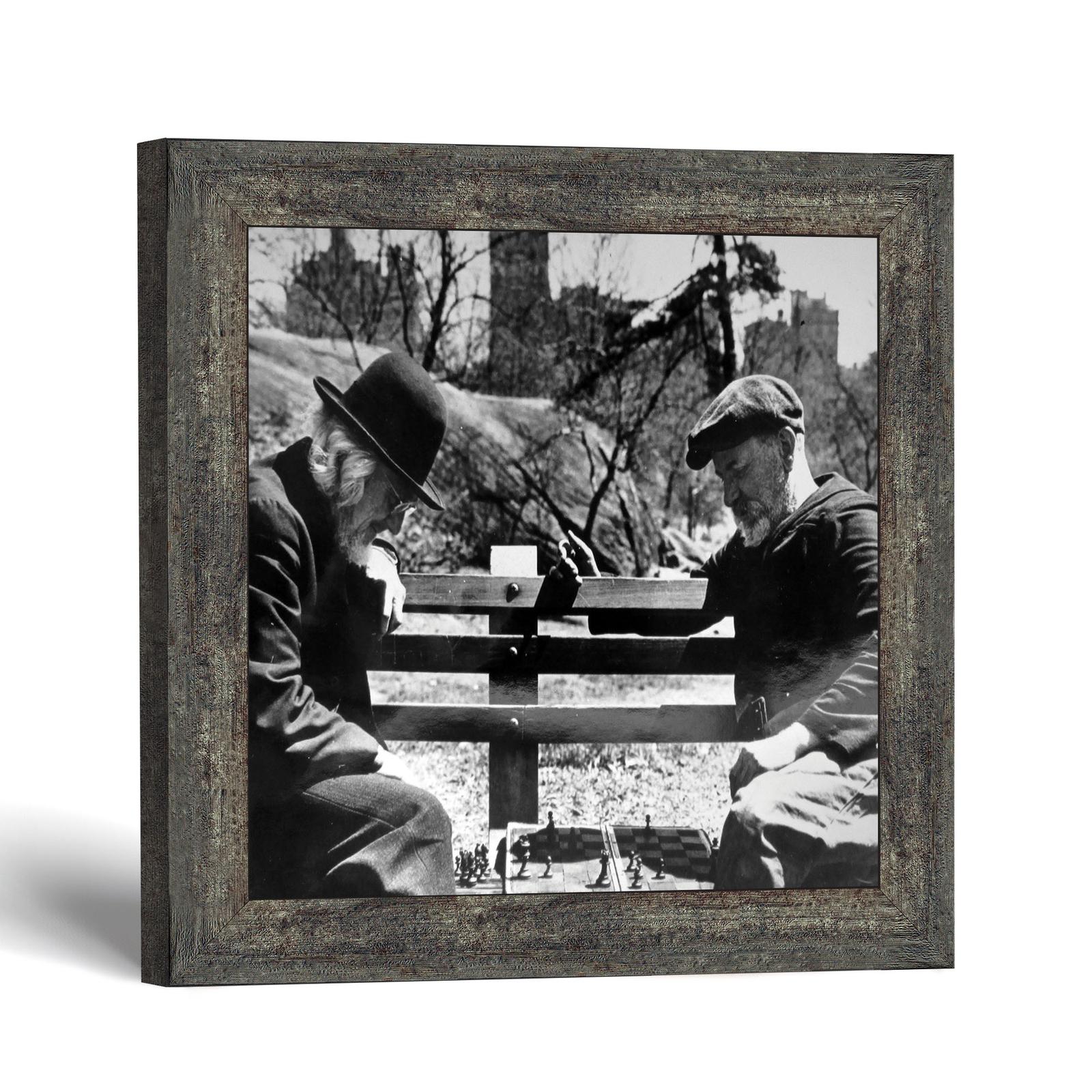 Vintage chess players framed print - park bench chess game by Crossroads Home Decor