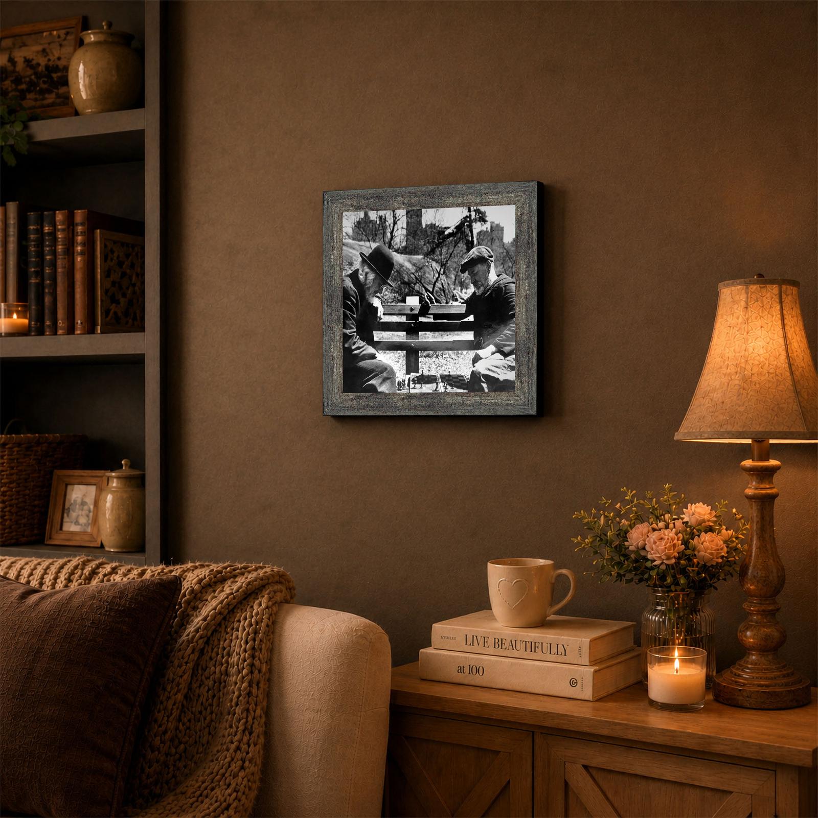 Vintage chess players framed wall art displayed in a den or office
