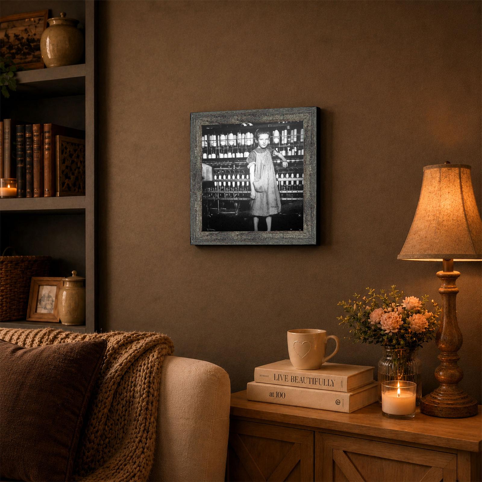 Lewis Hine framed wall art displayed in a study or classroom
