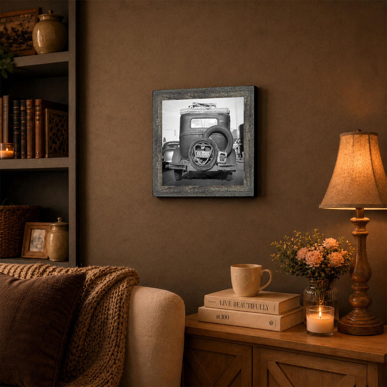 Vintage car framed print displayed in a den or garage