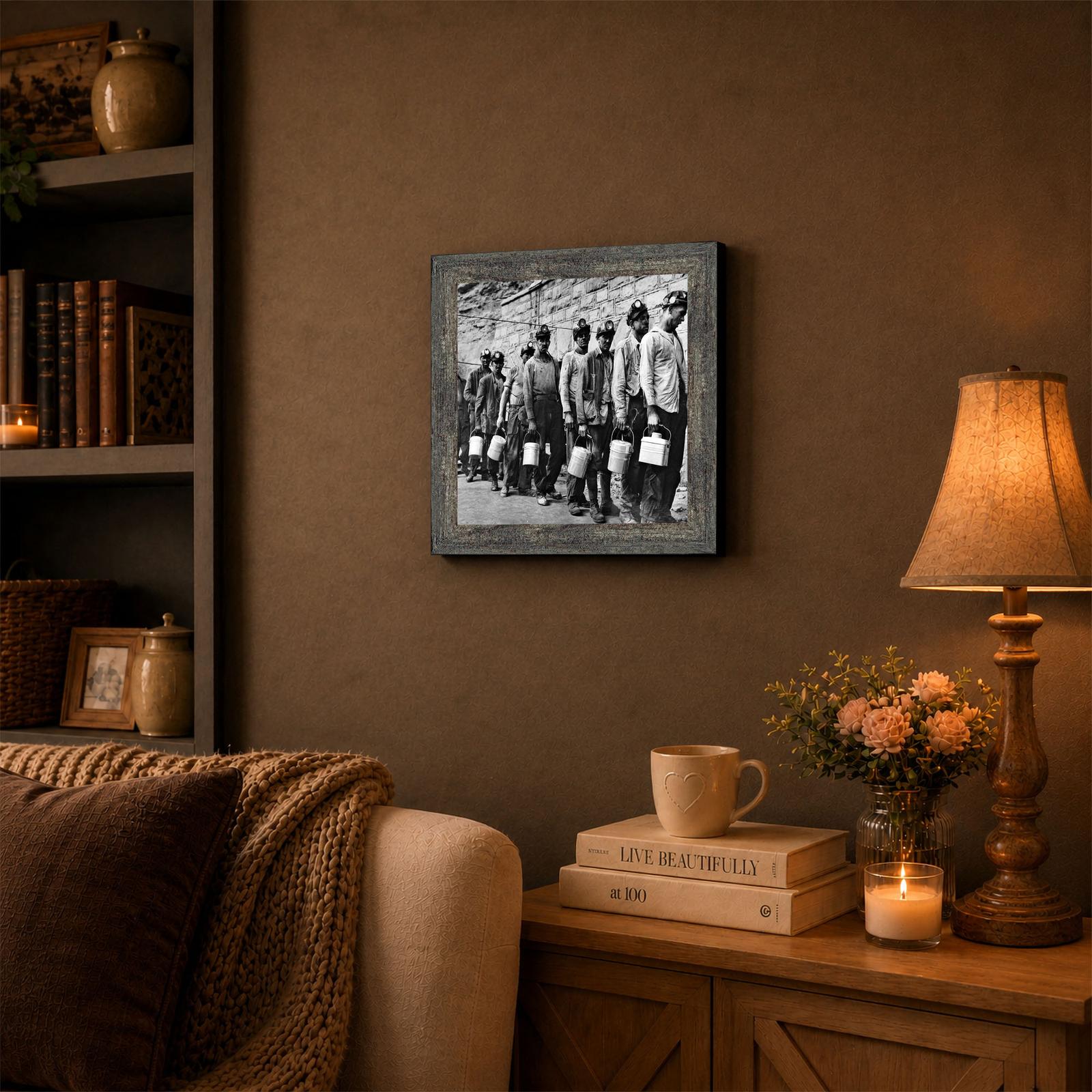 Vintage coal mining scene framed wall art displayed in a man cave