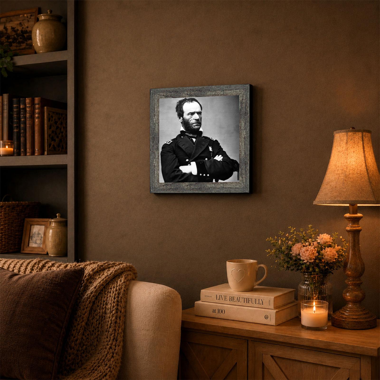 Sherman framed wall art displayed in a home office