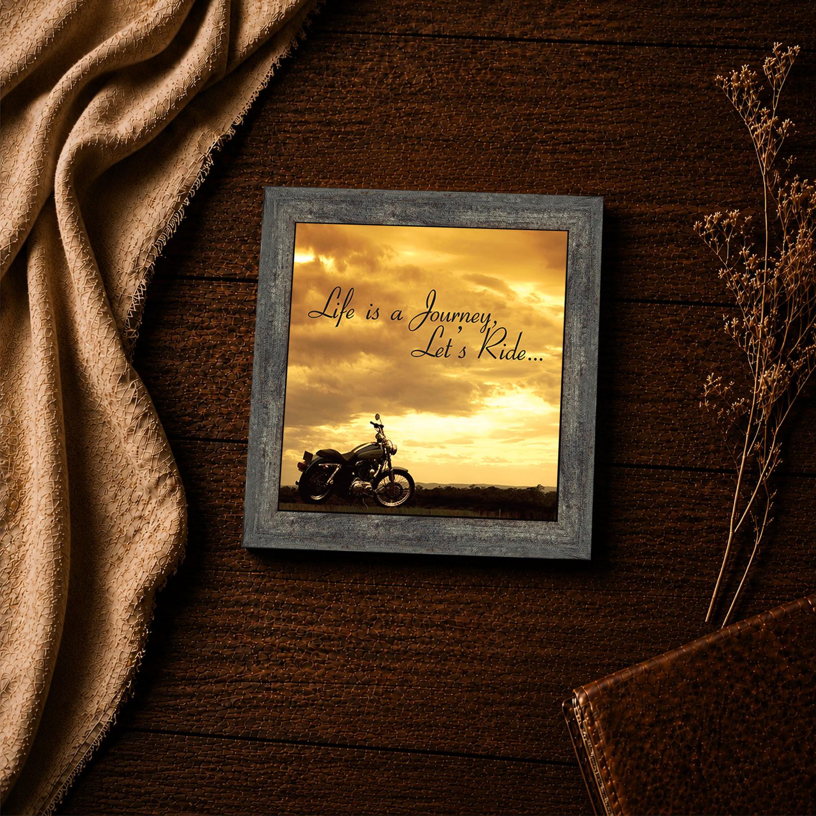 Life Is a Journey, Let's Ride framed print - cursive script closeup over a sunset