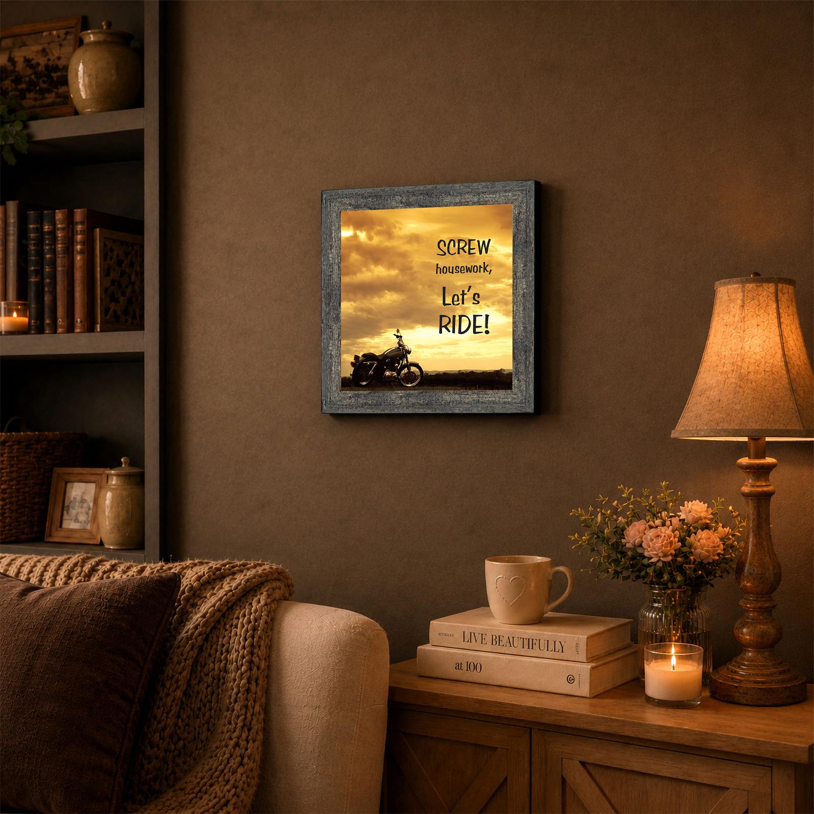 8570BW-3 Screw Housework, Let's Ride framed wall art displayed in a garage
