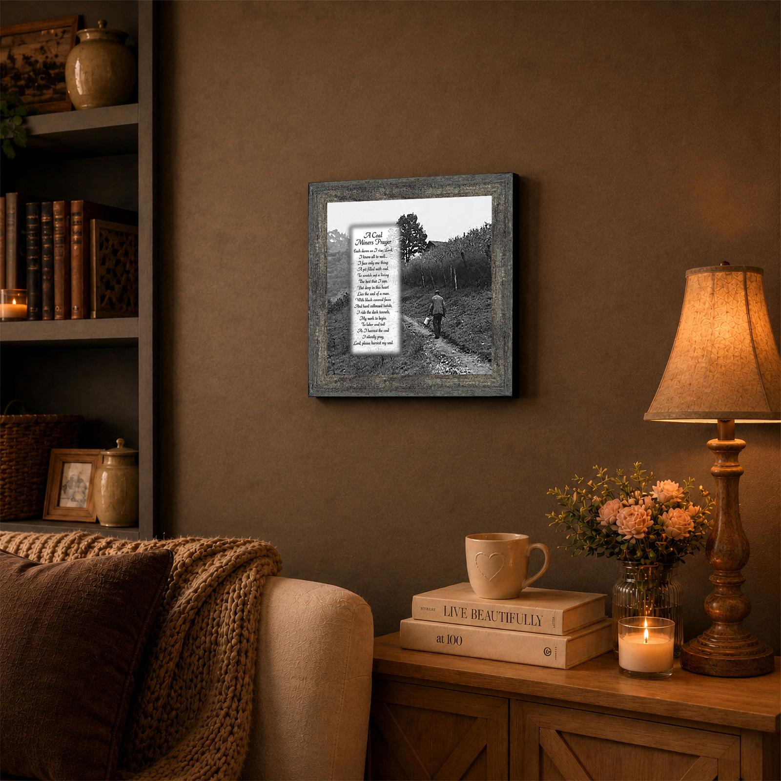 Coal miners prayer framed wall art displayed in a den