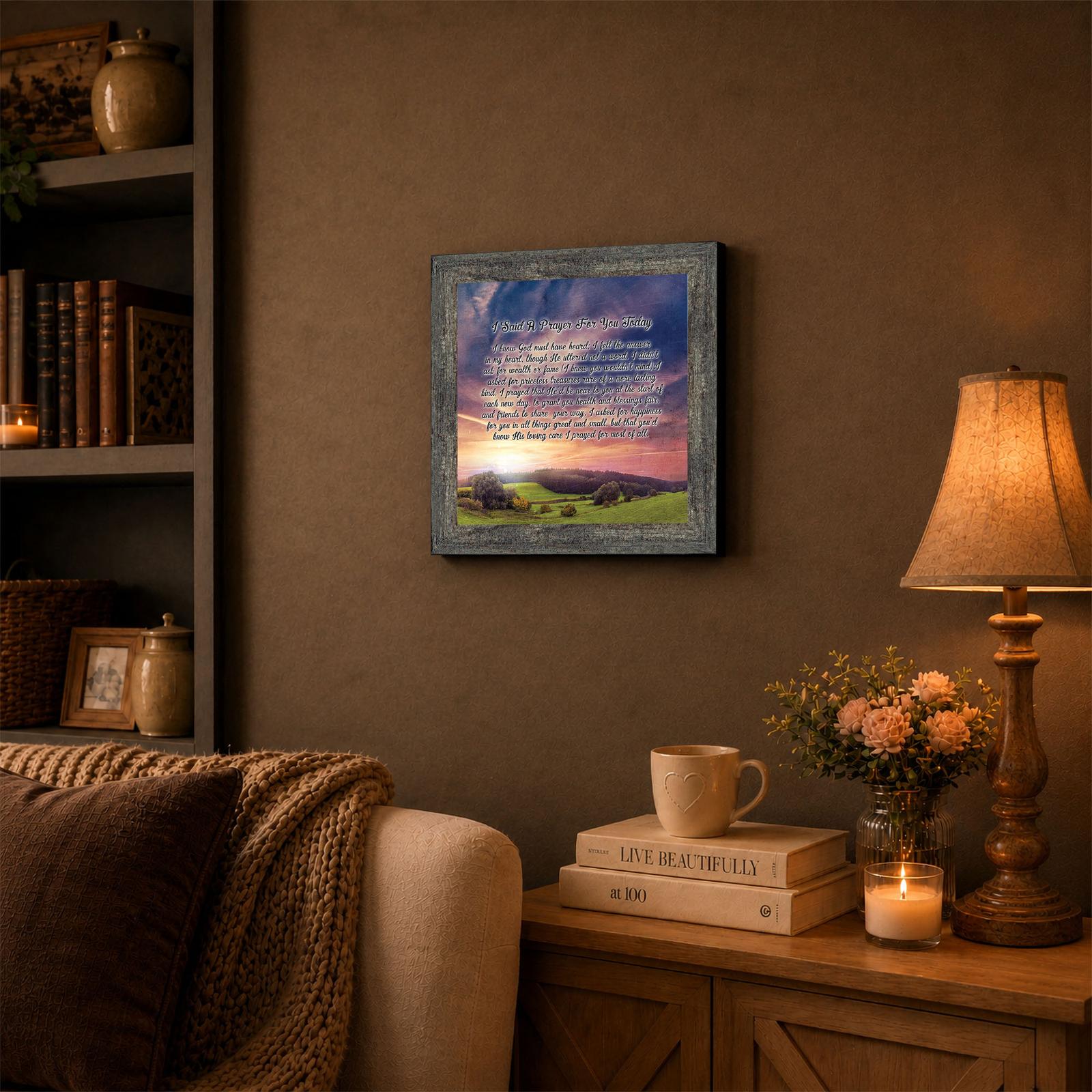 Sunset meadow prayer framed wall art displayed in an entryway